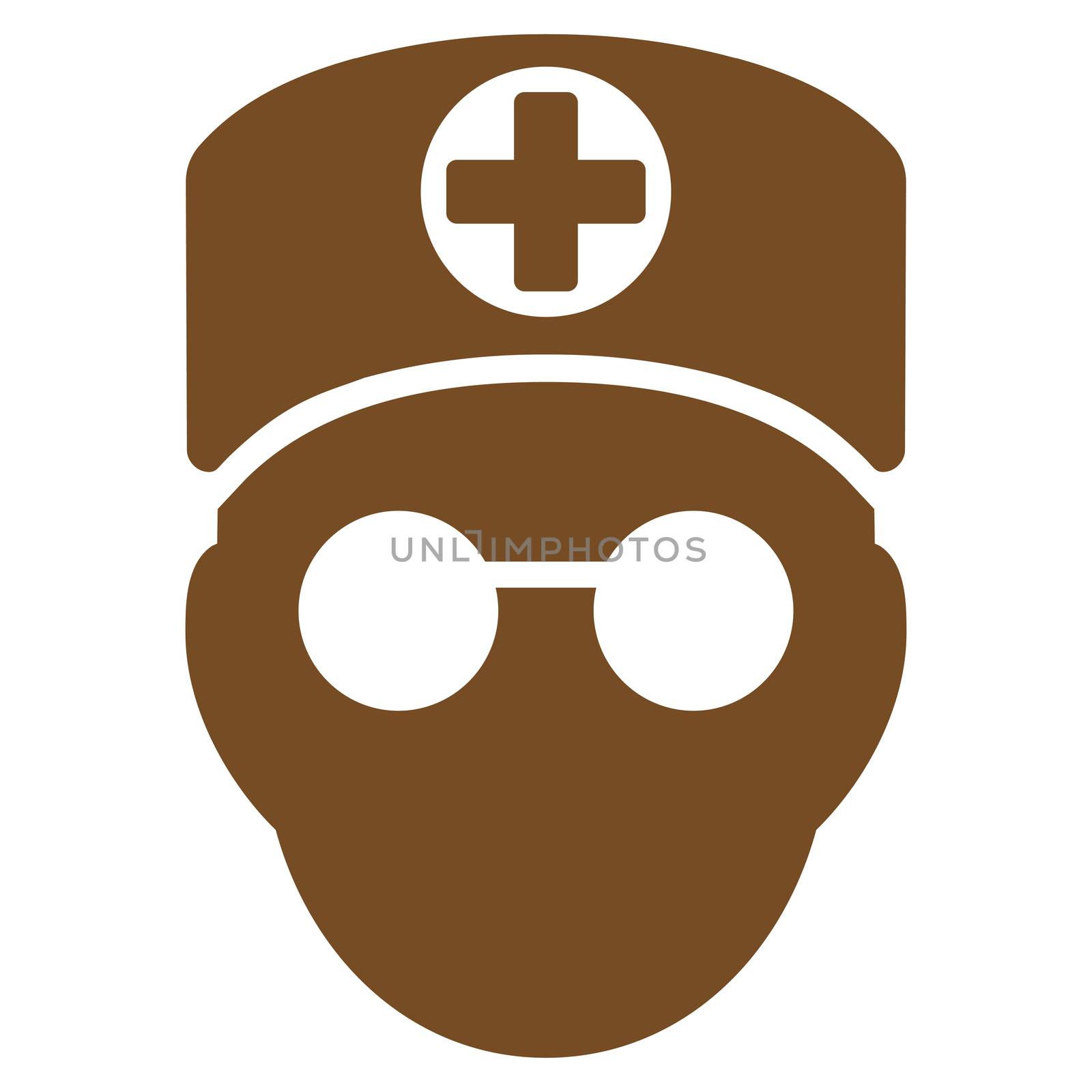 Doctor Head raster icon. Style is flat symbol, brown color, rounded angles, white background.