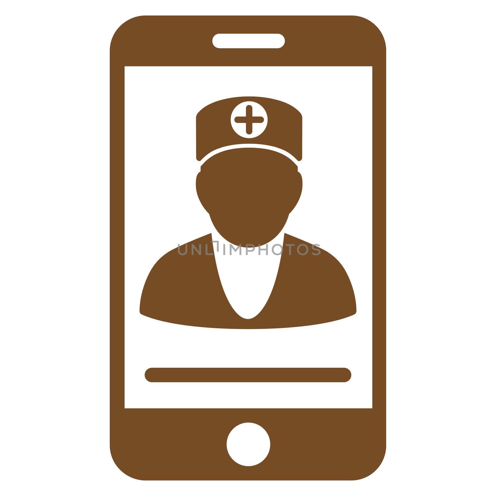 Online Doctor raster icon. Style is flat symbol, brown color, rounded angles, white background.