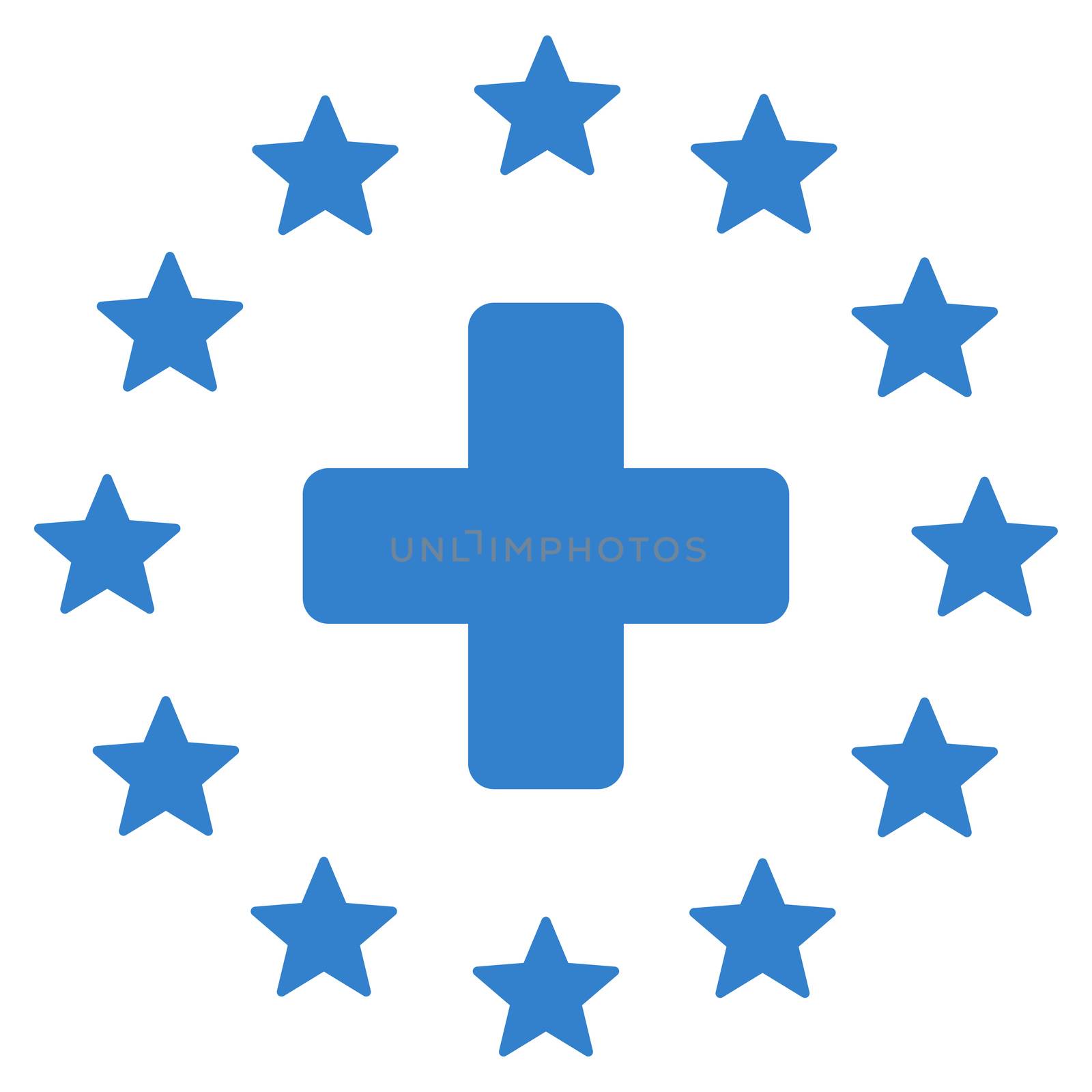 Euro Medicine raster icon. Style is flat symbol, cobalt color, rounded angles, white background.