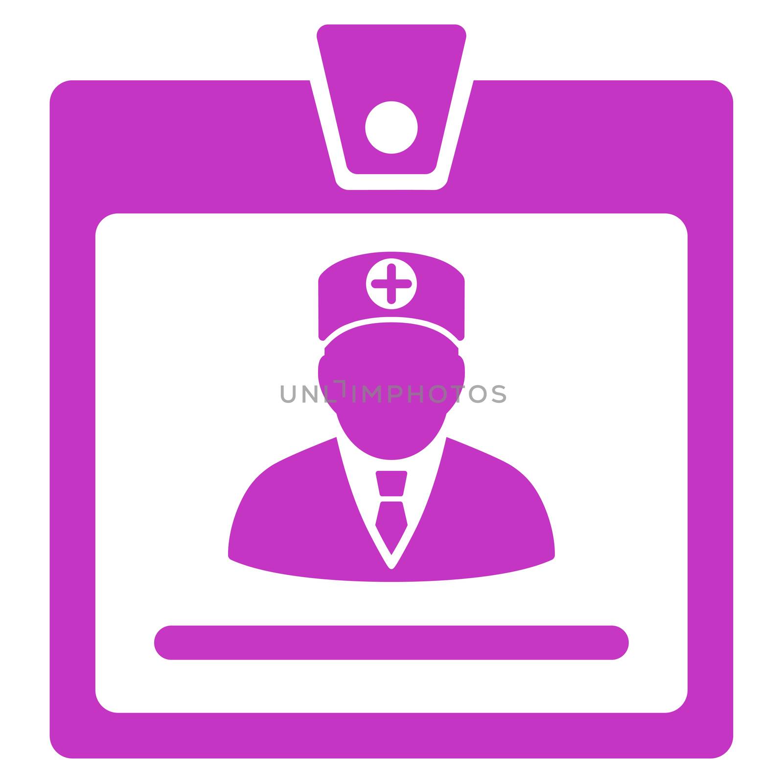 Doctor Badge raster icon. Style is flat symbol, violet color, rounded angles, white background.
