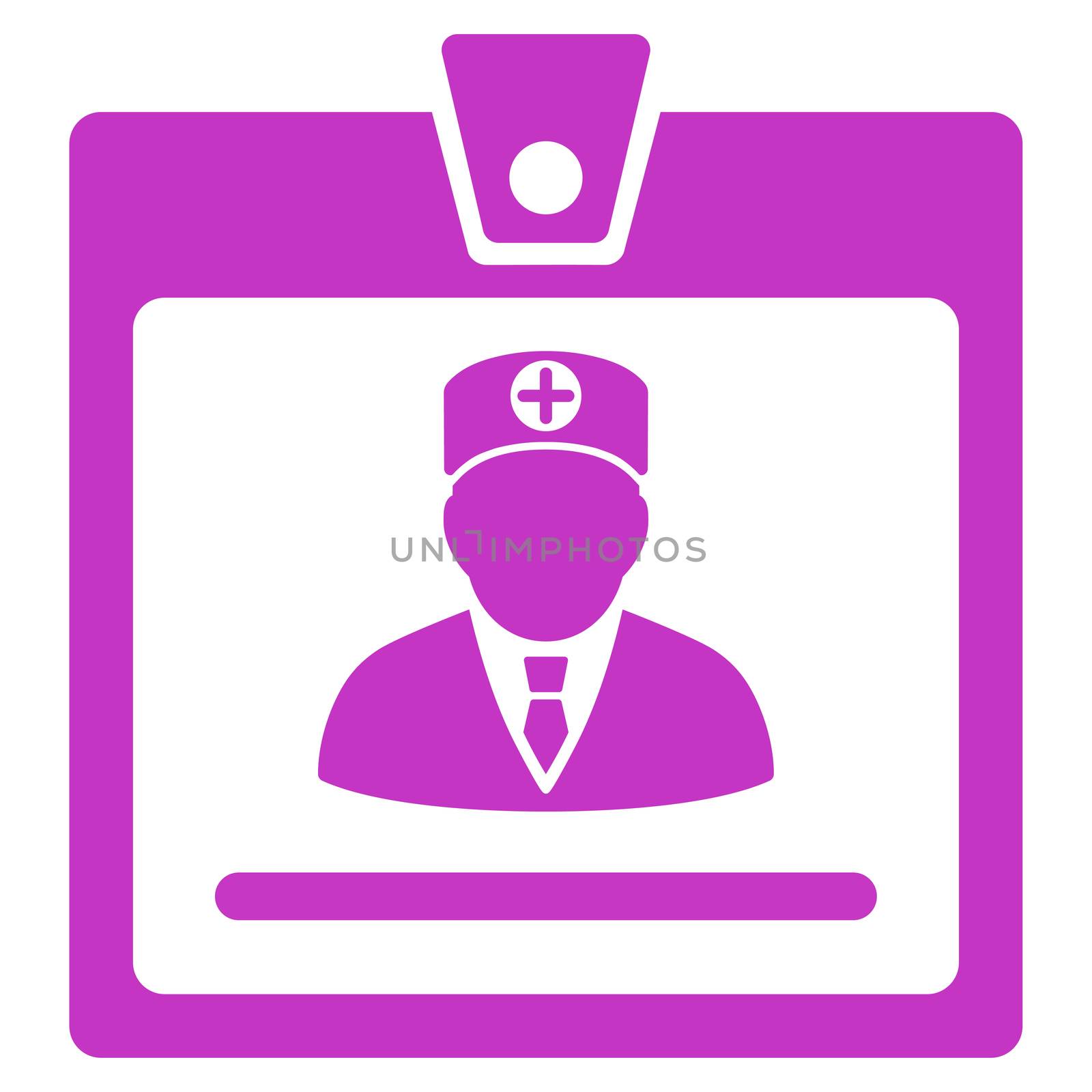 Doctor Badge raster icon. Style is flat symbol, violet color, rounded angles, white background.
