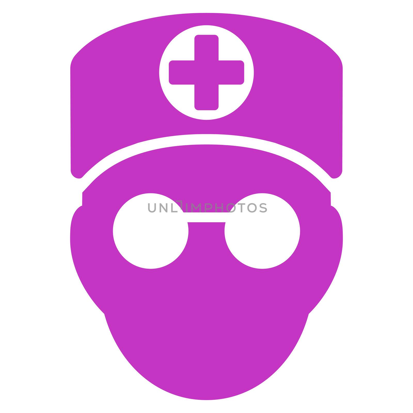 Doctor Head raster icon. Style is flat symbol, violet color, rounded angles, white background.