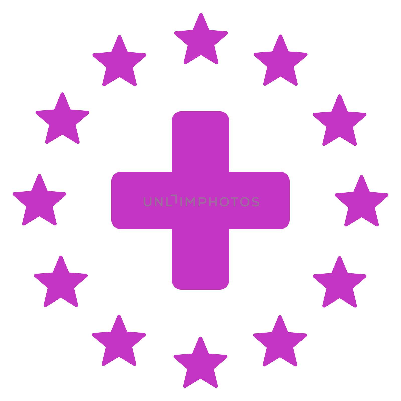 Euro Medicine raster icon. Style is flat symbol, violet color, rounded angles, white background.