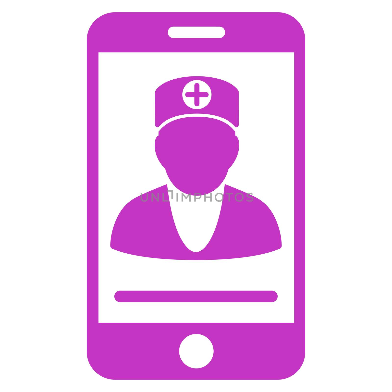 Online Doctor raster icon. Style is flat symbol, violet color, rounded angles, white background.
