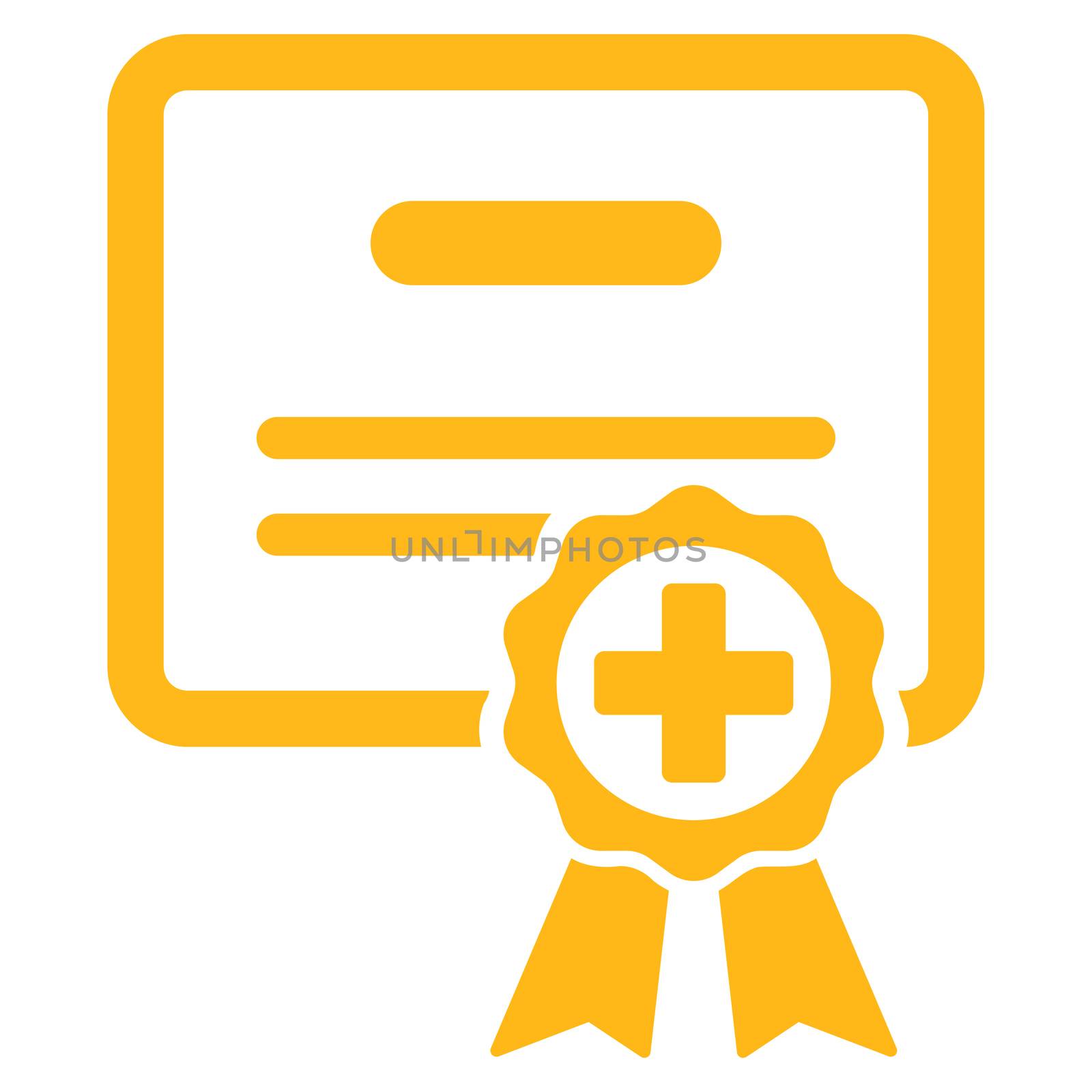 Certification raster icon. Style is flat symbol, yellow color, rounded angles, white background.