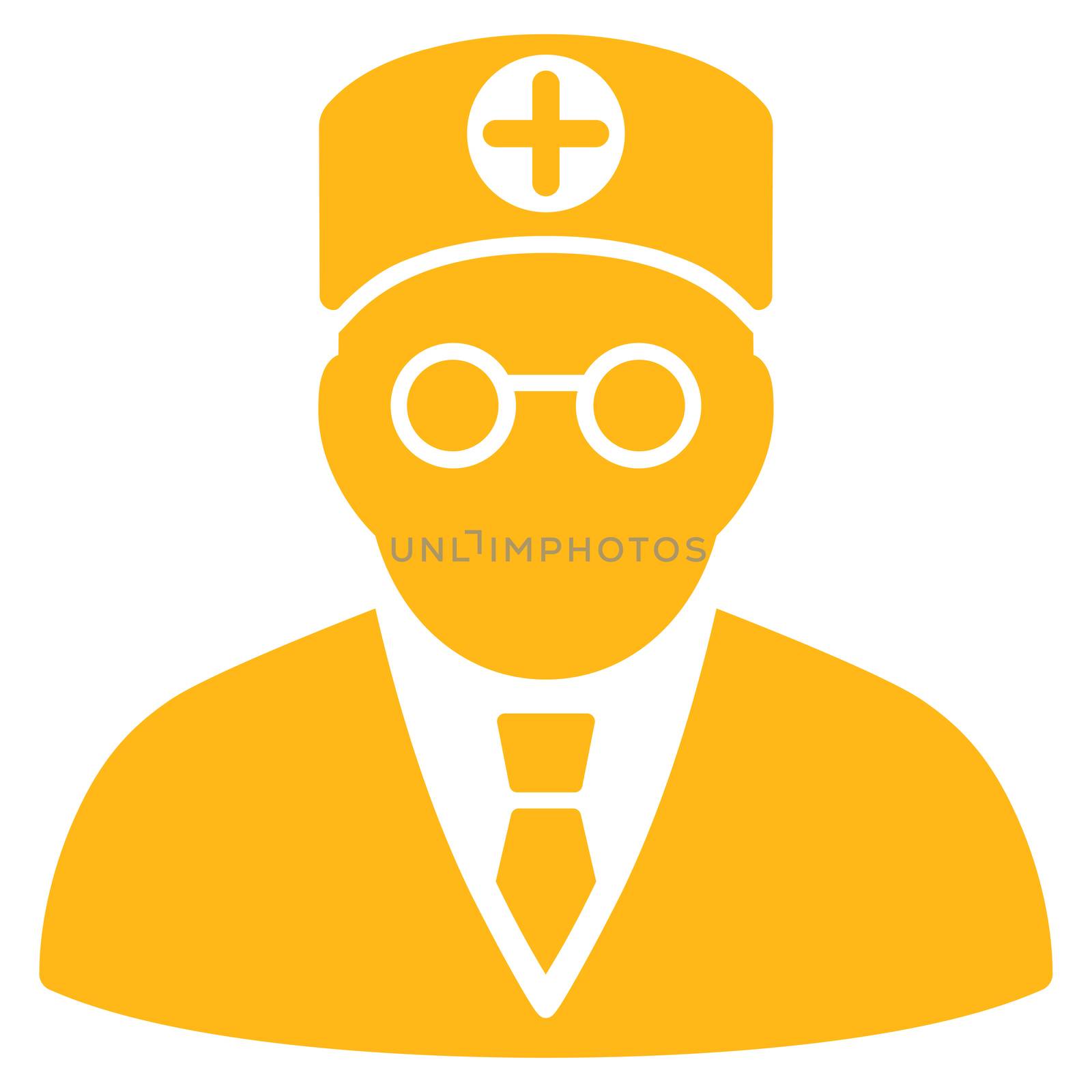 Head Physician raster icon. Style is flat symbol, yellow color, rounded angles, white background.