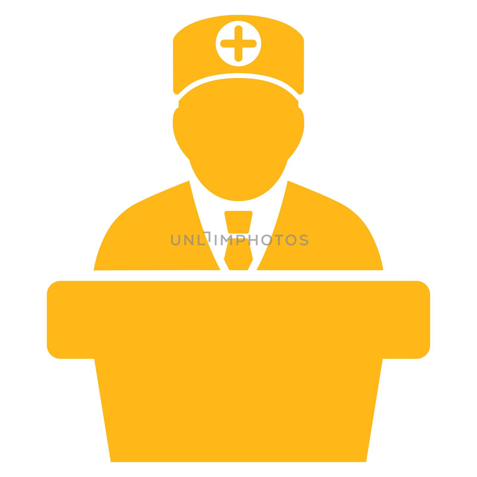 Medical Official Lecture raster icon. Style is flat symbol, yellow color, rounded angles, white background.