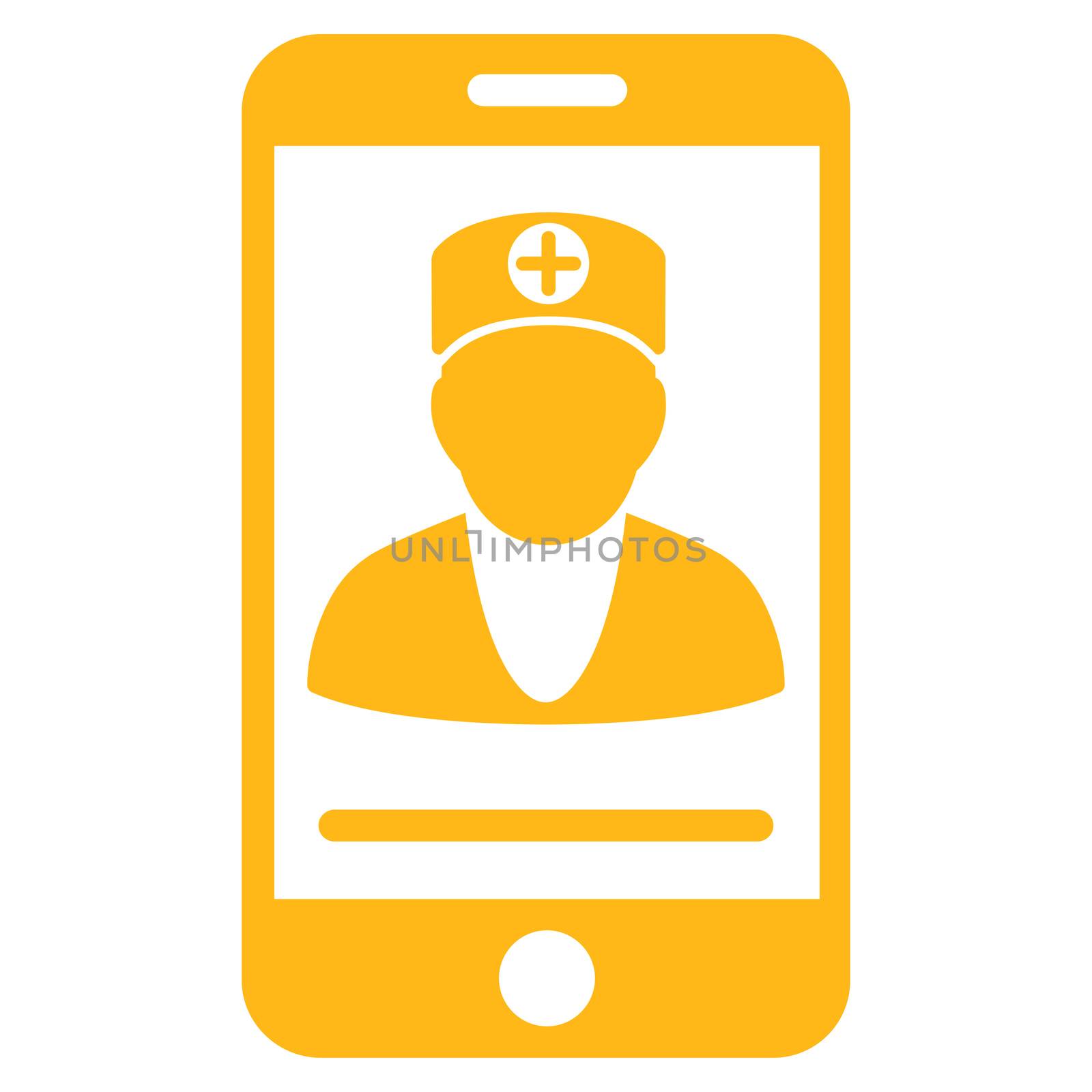 Online Doctor raster icon. Style is flat symbol, yellow color, rounded angles, white background.