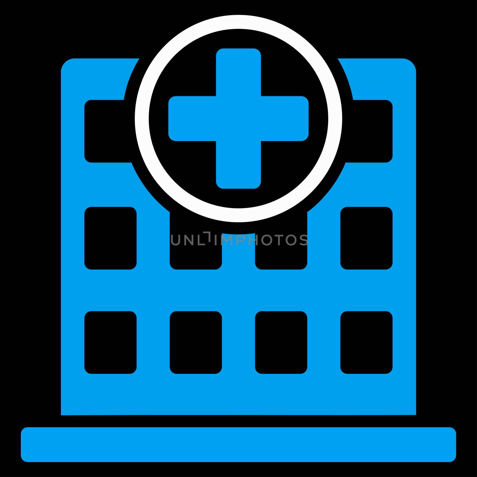 Clinic Building raster icon. Style is bicolor flat symbol, blue and white colors, rounded angles, black background.