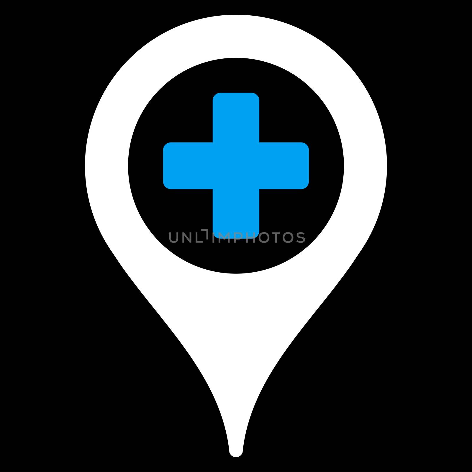 Clinic Pointer raster icon. Style is bicolor flat symbol, blue and white colors, rounded angles, black background.