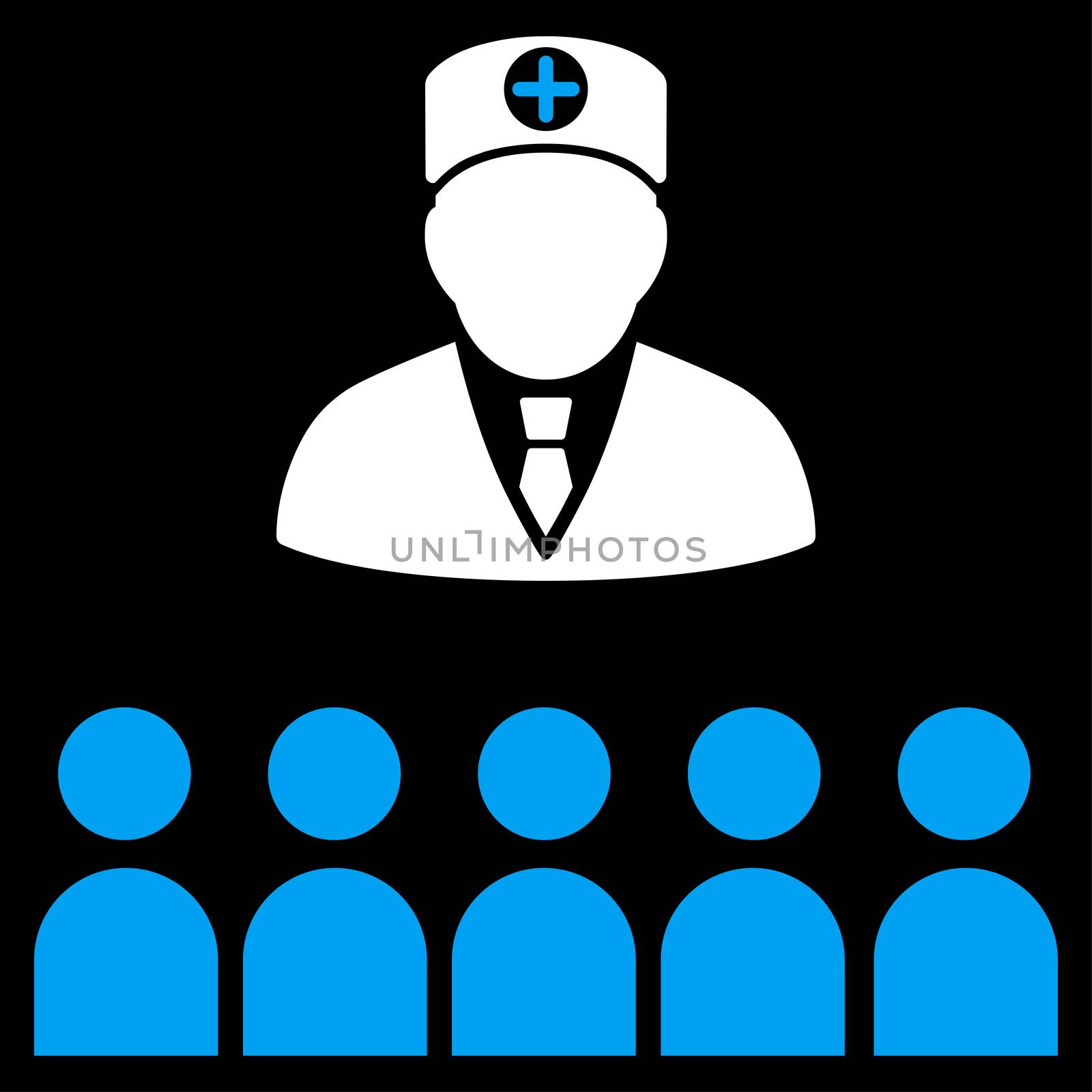 Doctor Class raster icon. Style is bicolor flat symbol, blue and white colors, rounded angles, black background.