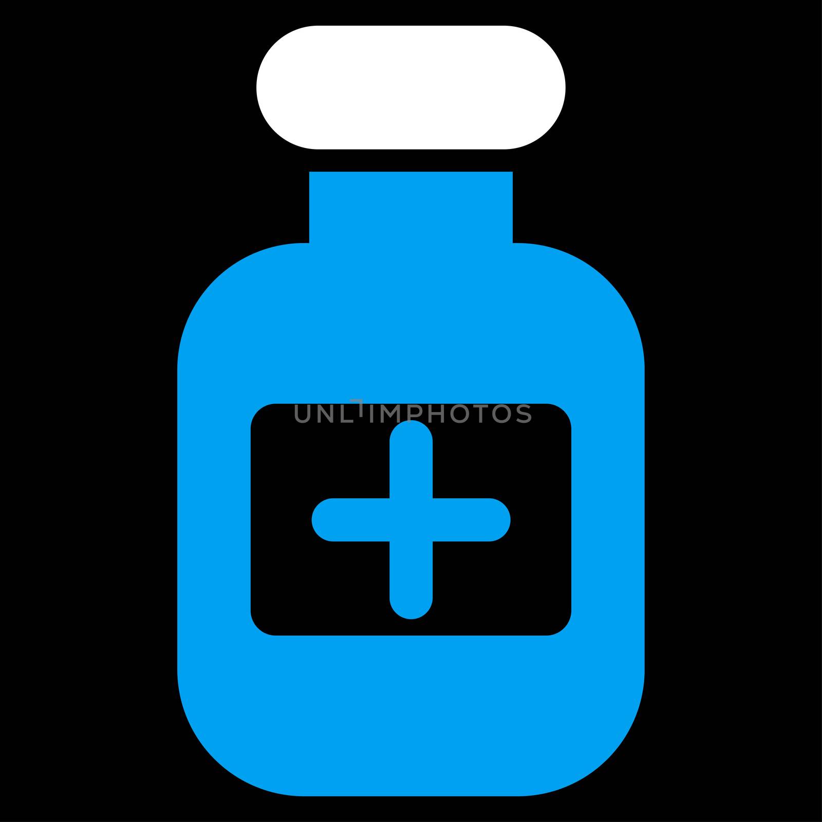 Drugs Bottle raster icon. Style is bicolor flat symbol, blue and white colors, rounded angles, black background.