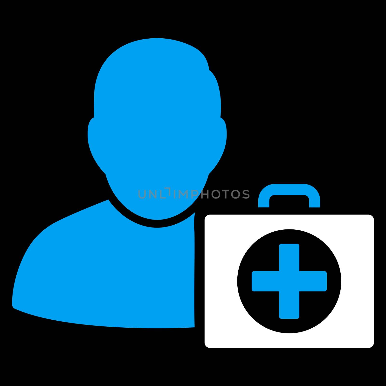First Aid Man raster icon. Style is bicolor flat symbol, blue and white colors, rounded angles, black background.