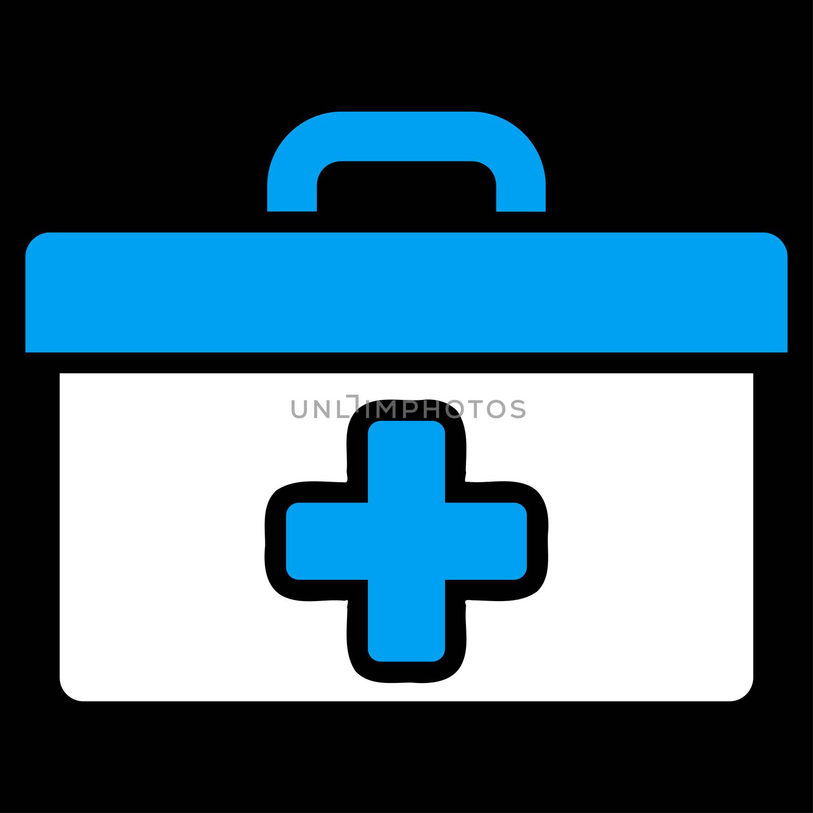 First Aid Toolbox raster icon. Style is bicolor flat symbol, blue and white colors, rounded angles, black background.