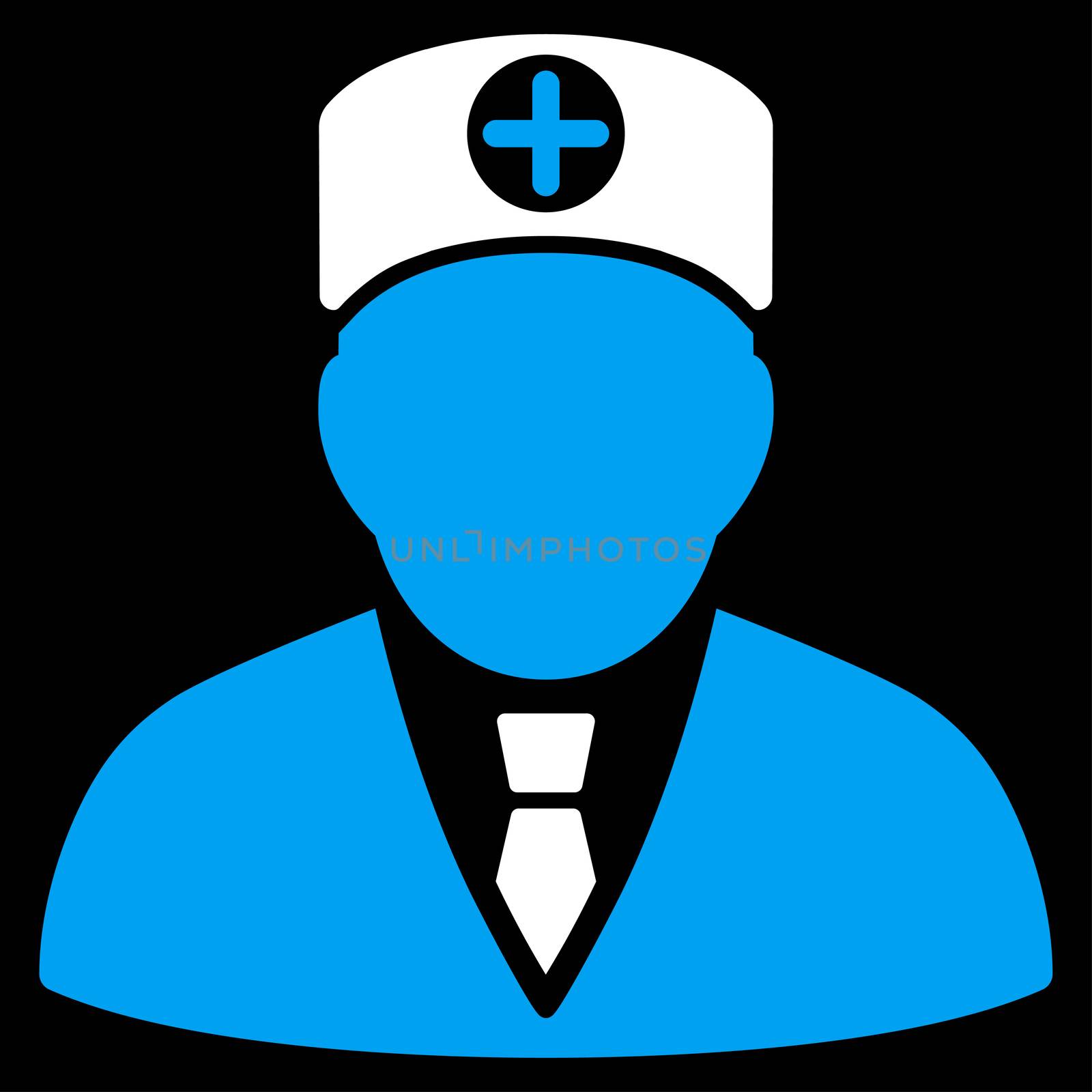 Head Physician raster icon. Style is bicolor flat symbol, blue and white colors, rounded angles, black background.