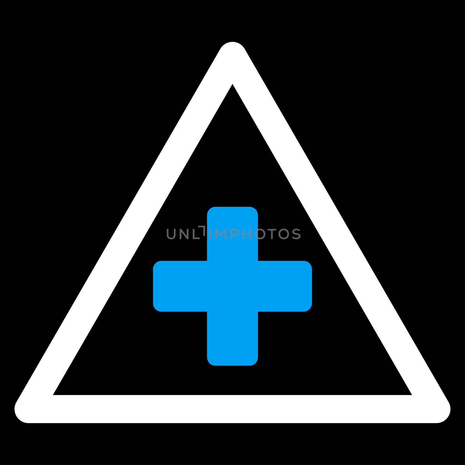 Health Warning raster icon. Style is bicolor flat symbol, blue and white colors, rounded angles, black background.