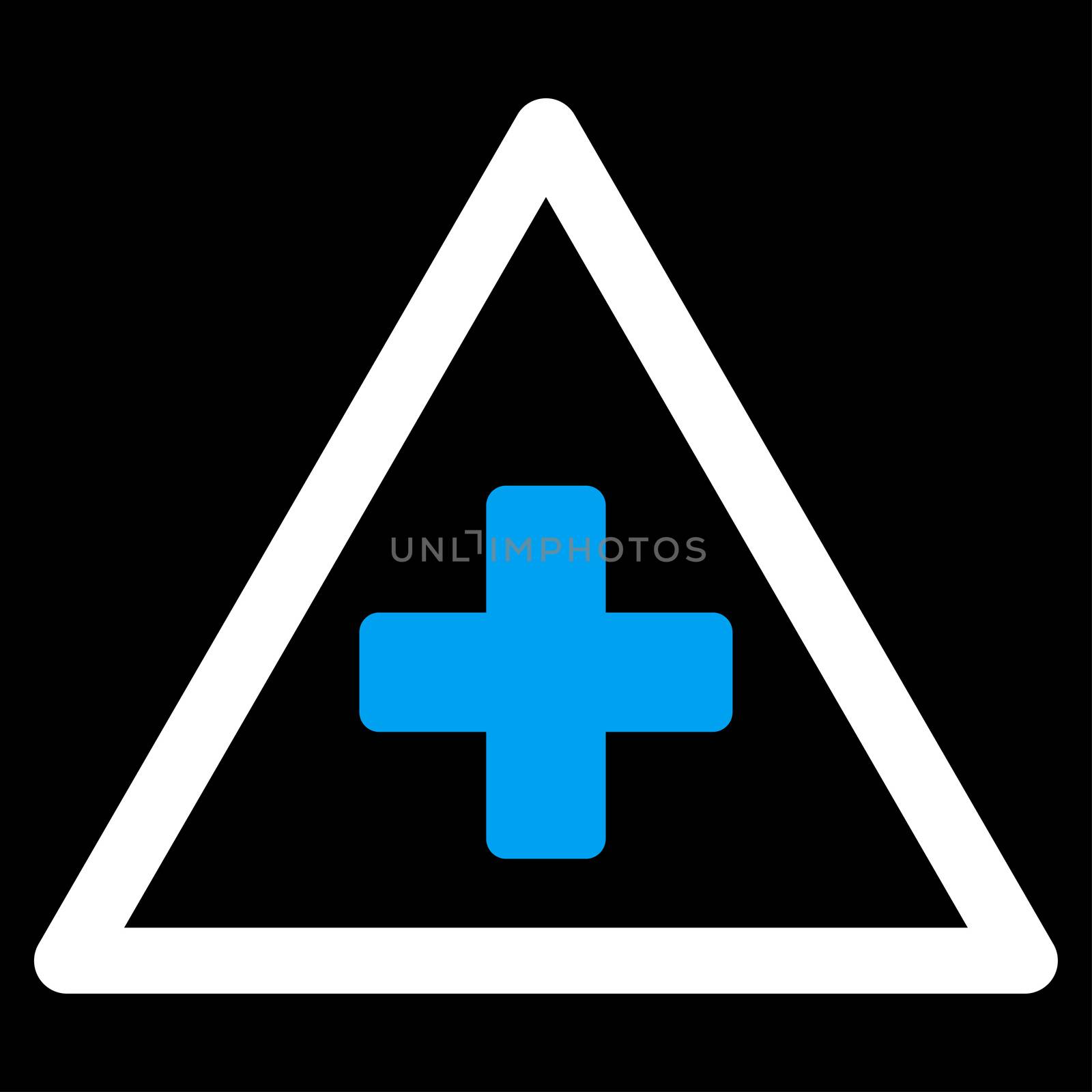 Health Warning raster icon. Style is bicolor flat symbol, blue and white colors, rounded angles, black background.