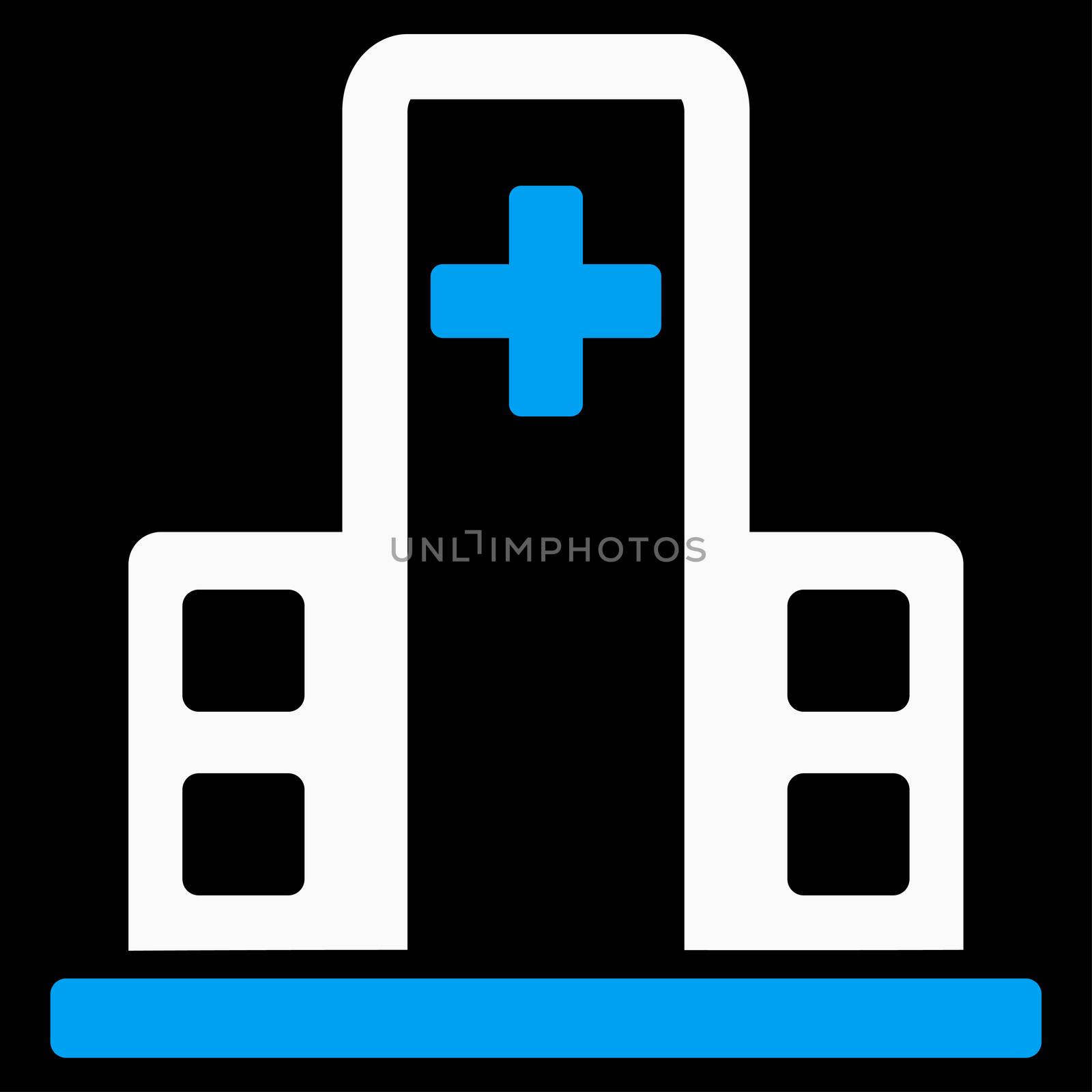 Hospital Building raster icon. Style is bicolor flat symbol, blue and white colors, rounded angles, black background.
