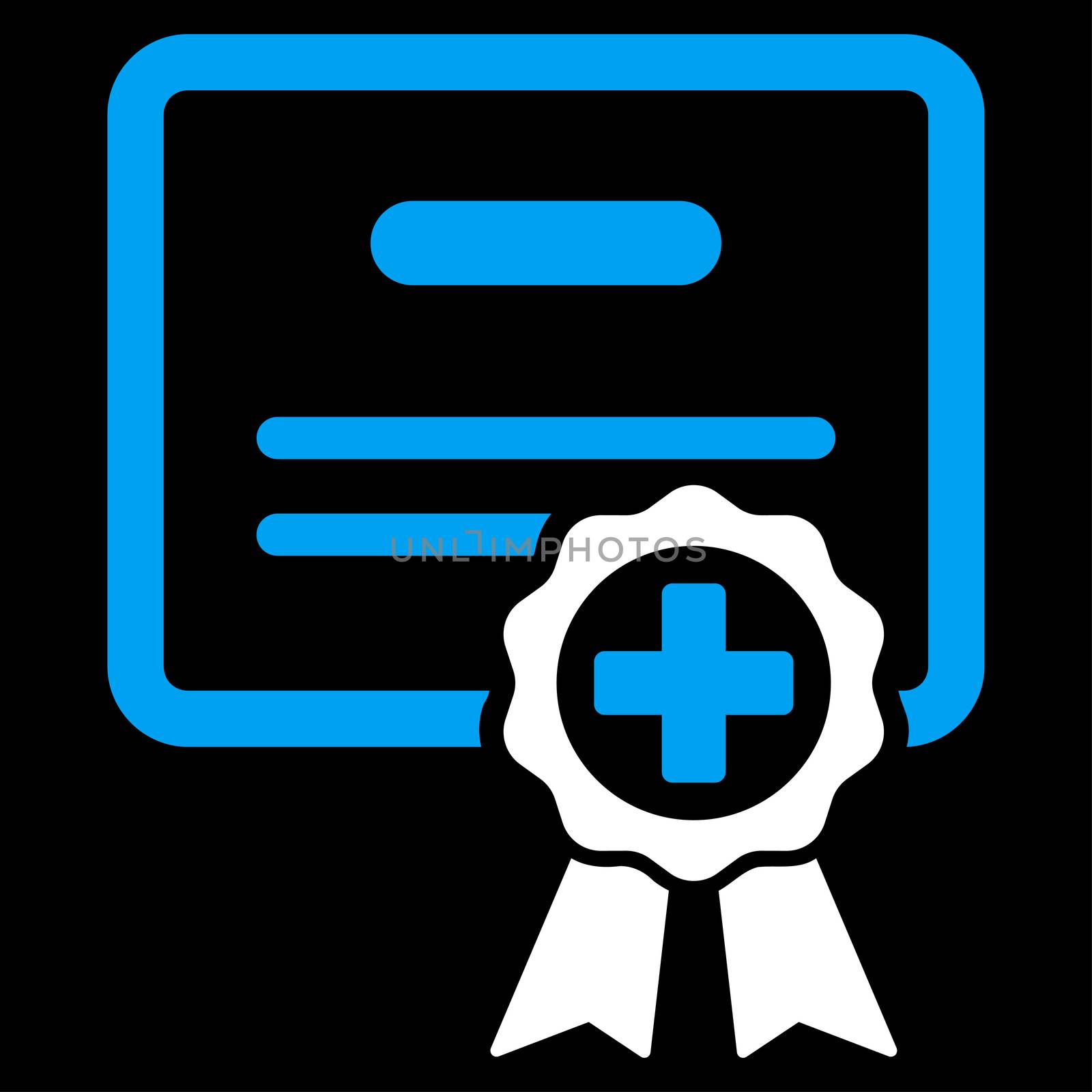 Medical Certificate raster icon. Style is bicolor flat symbol, blue and white colors, rounded angles, black background.