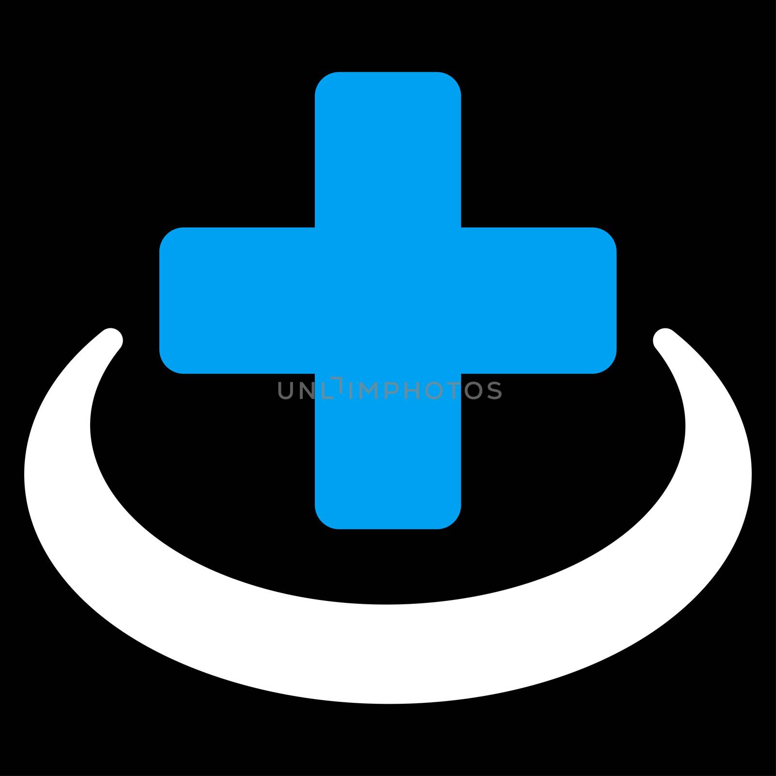 Medical Community raster icon. Style is bicolor flat symbol, blue and white colors, rounded angles, black background.