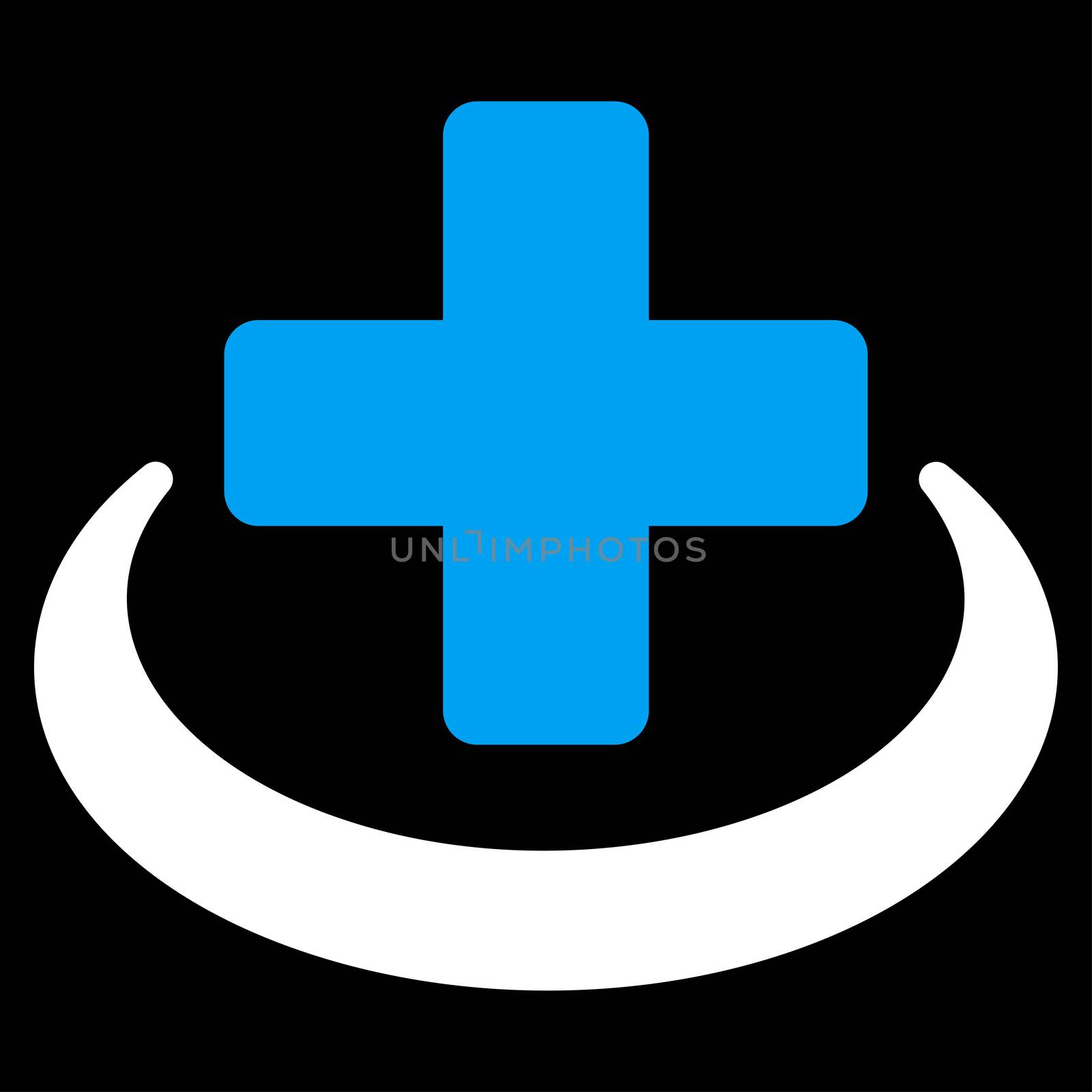 Medical Community raster icon. Style is bicolor flat symbol, blue and white colors, rounded angles, black background.