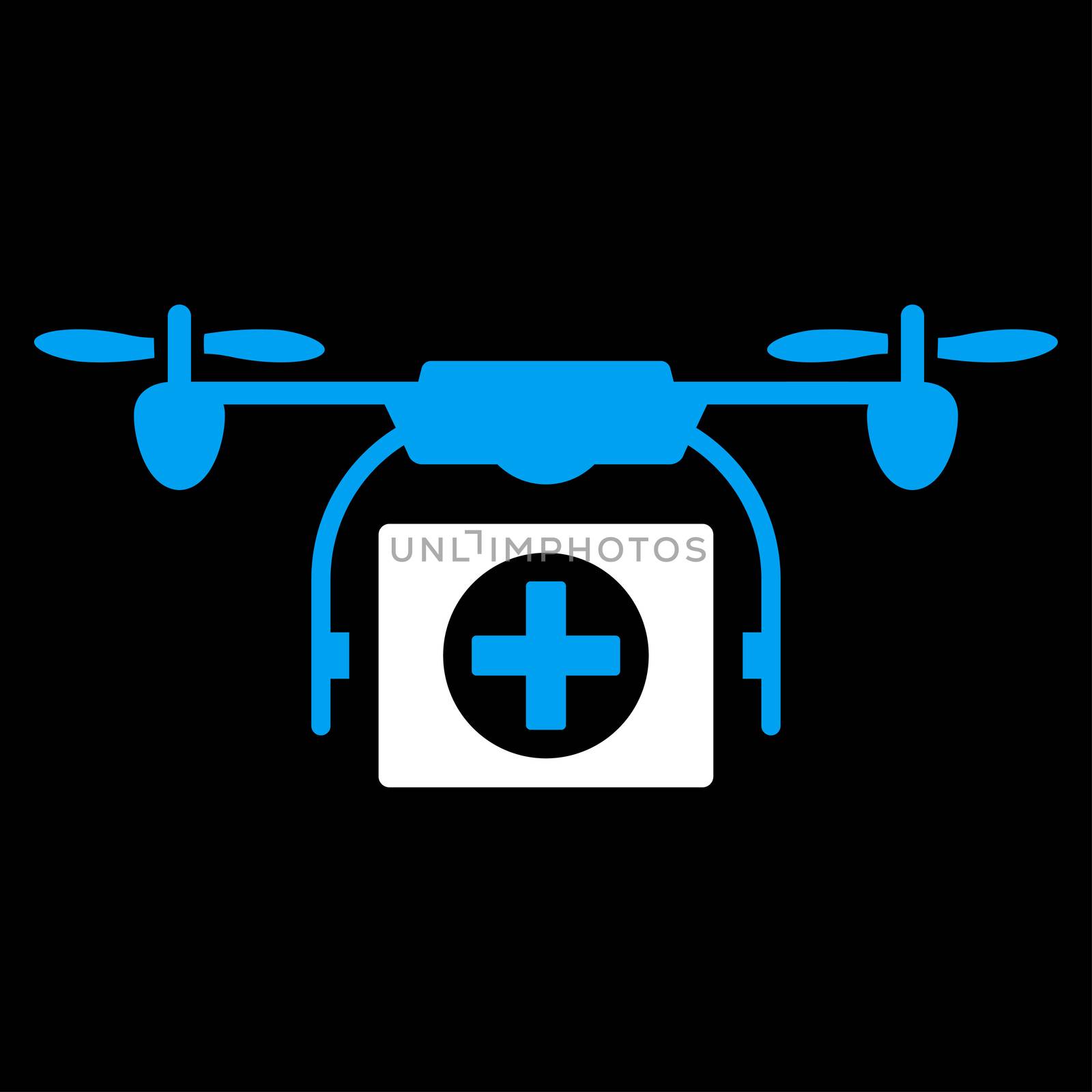 Medical Drone raster icon. Style is bicolor flat symbol, blue and white colors, rounded angles, black background.