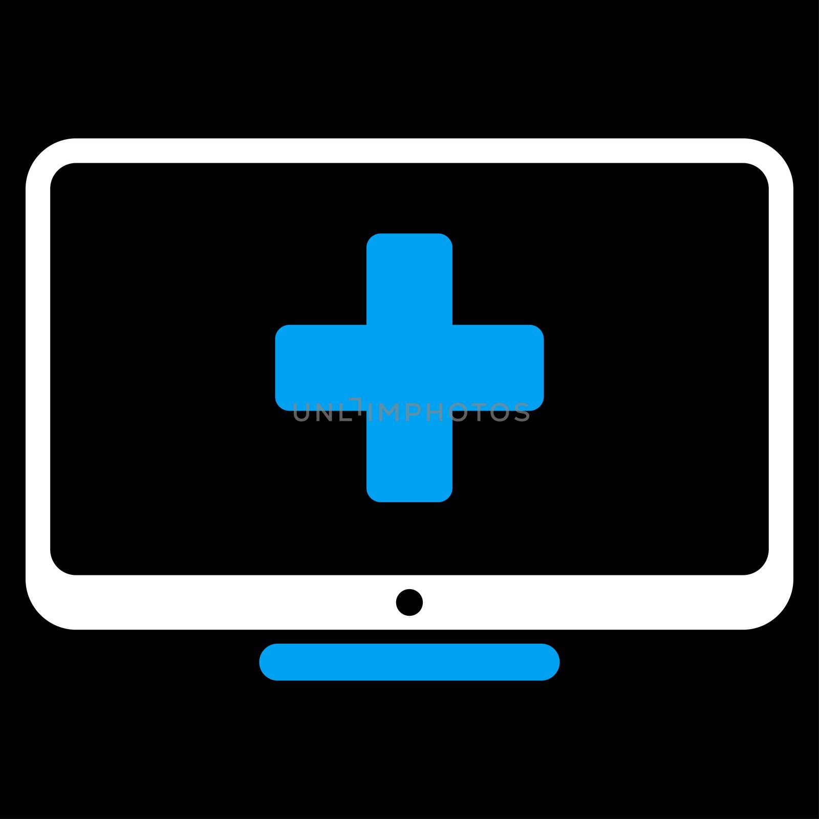 Medical Monitor raster icon. Style is bicolor flat symbol, blue and white colors, rounded angles, black background.