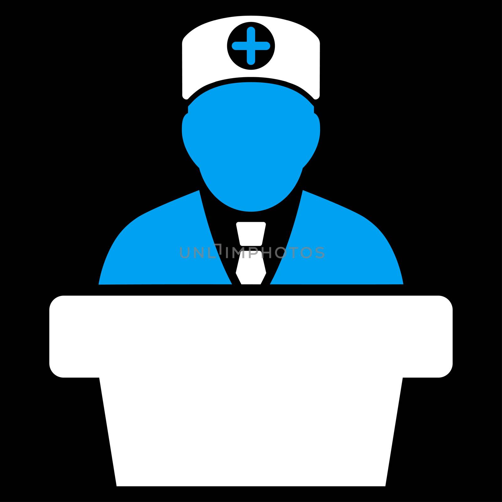 Medical Official Lecture raster icon. Style is bicolor flat symbol, blue and white colors, rounded angles, black background.