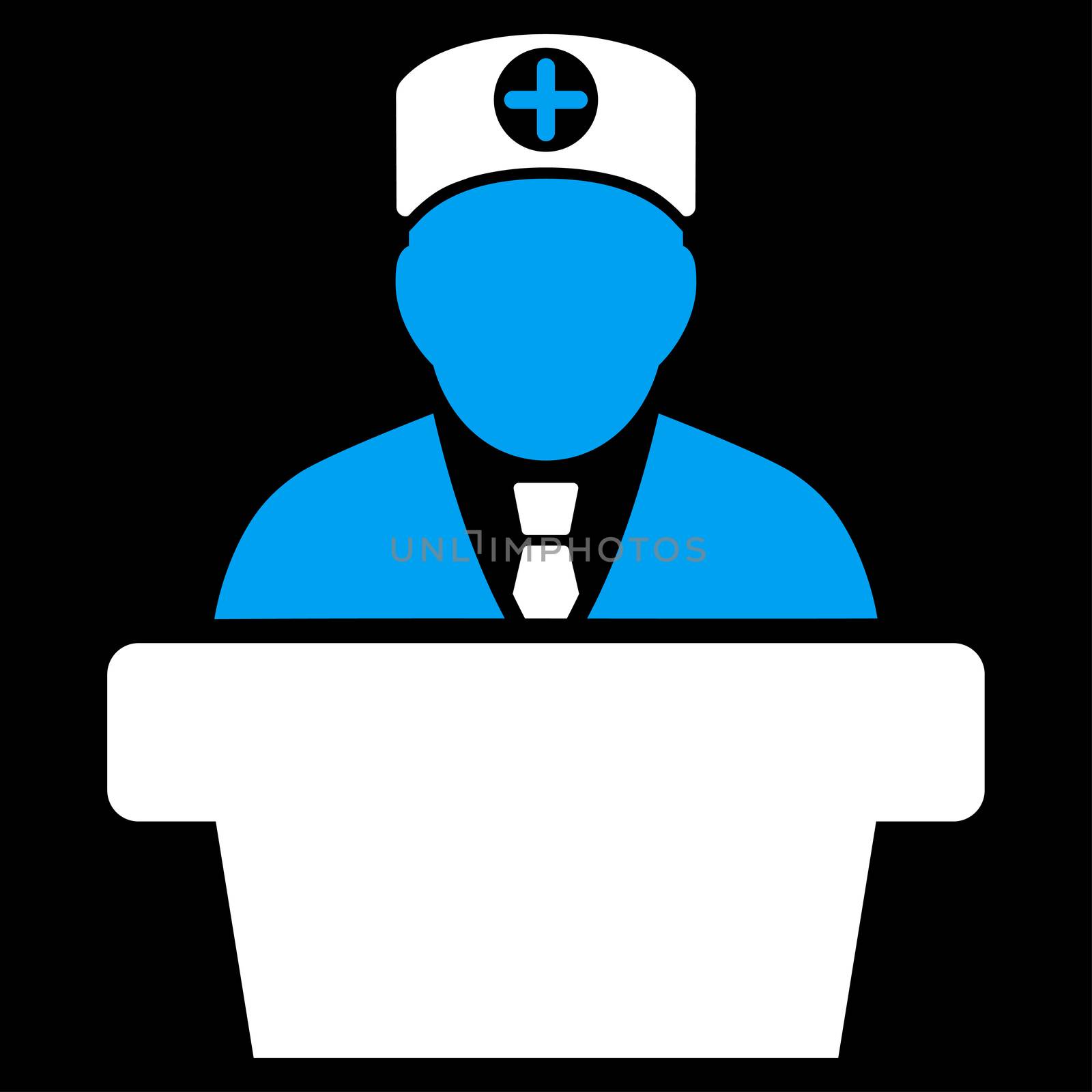 Medical Official Lecture raster icon. Style is bicolor flat symbol, blue and white colors, rounded angles, black background.