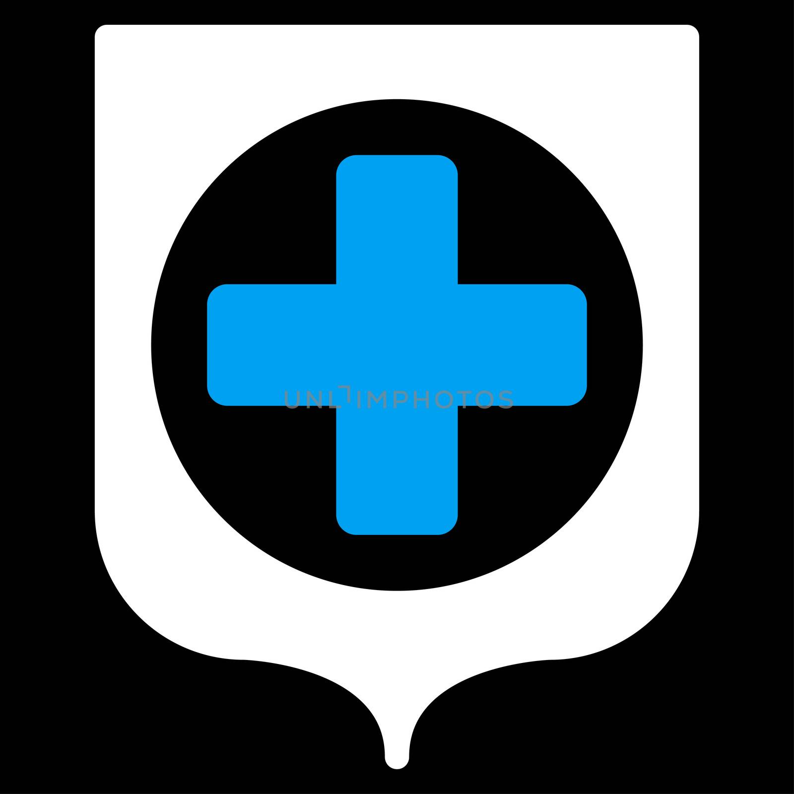 Medical Shield raster icon. Style is bicolor flat symbol, blue and white colors, rounded angles, black background.