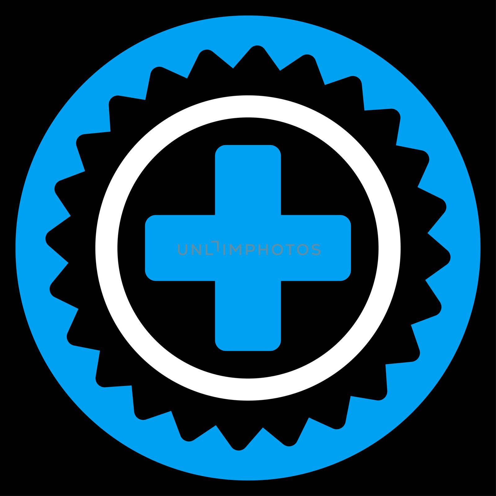 Medical Stamp raster icon. Style is bicolor flat symbol, blue and white colors, rounded angles, black background.