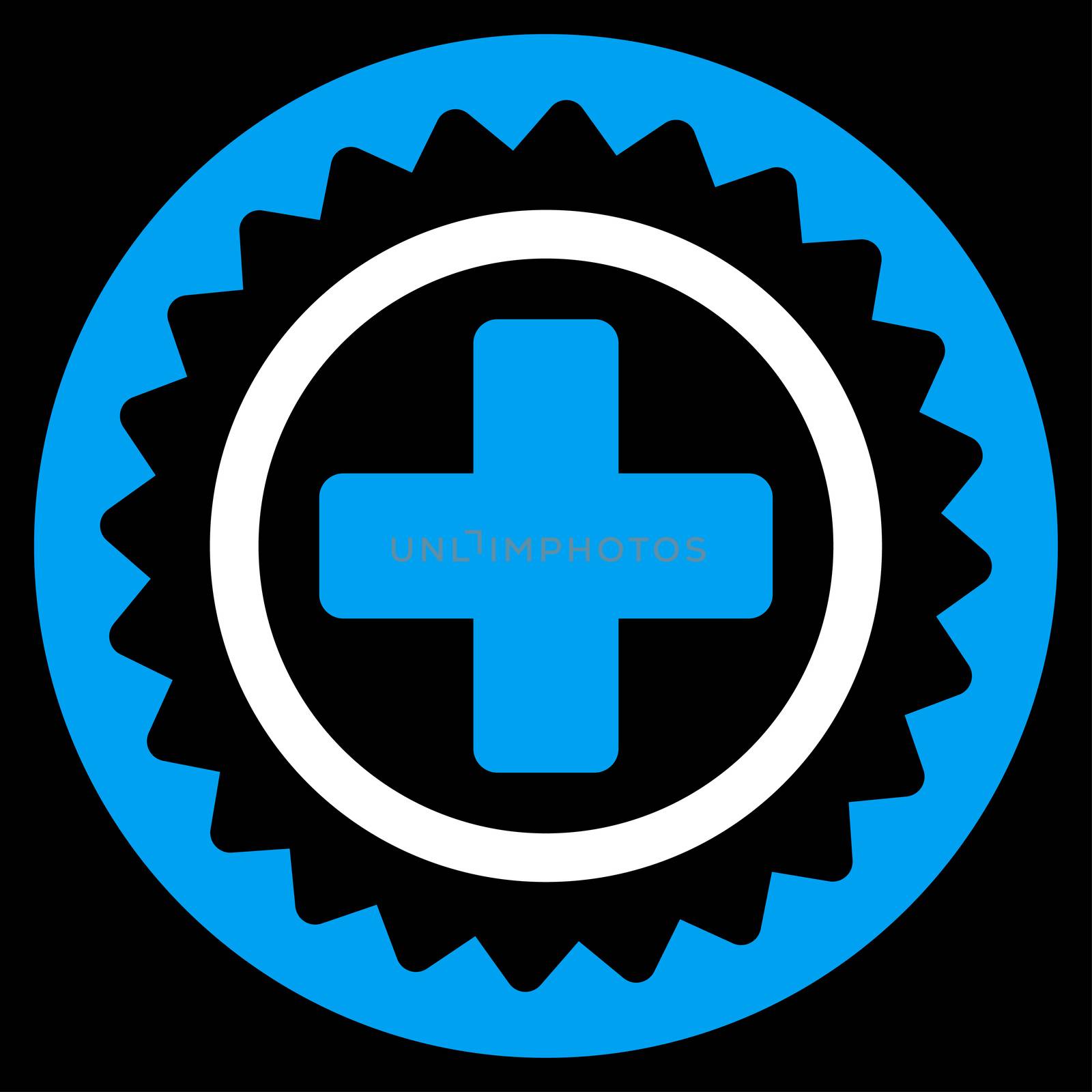 Medical Stamp raster icon. Style is bicolor flat symbol, blue and white colors, rounded angles, black background.