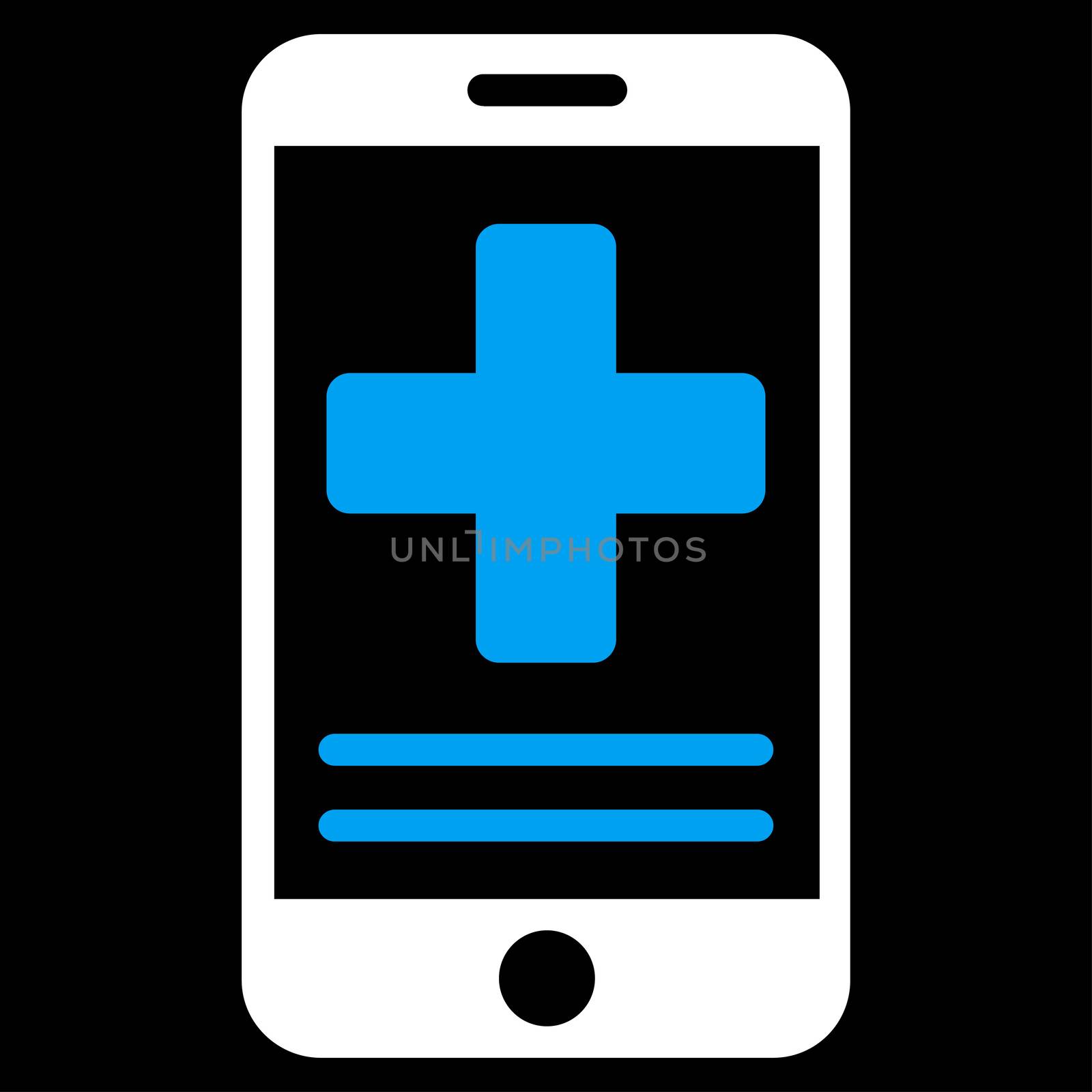 Online Medical Data raster icon. Style is bicolor flat symbol, blue and white colors, rounded angles, black background.