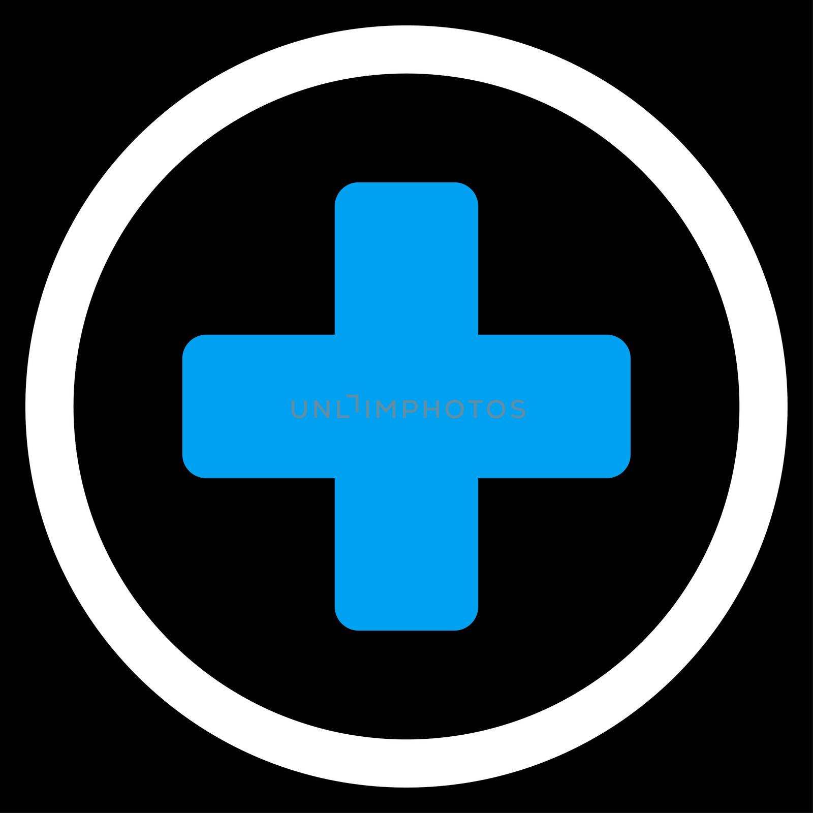 Rounded Plus raster icon. Style is bicolor flat symbol, blue and white colors, rounded angles, black background.