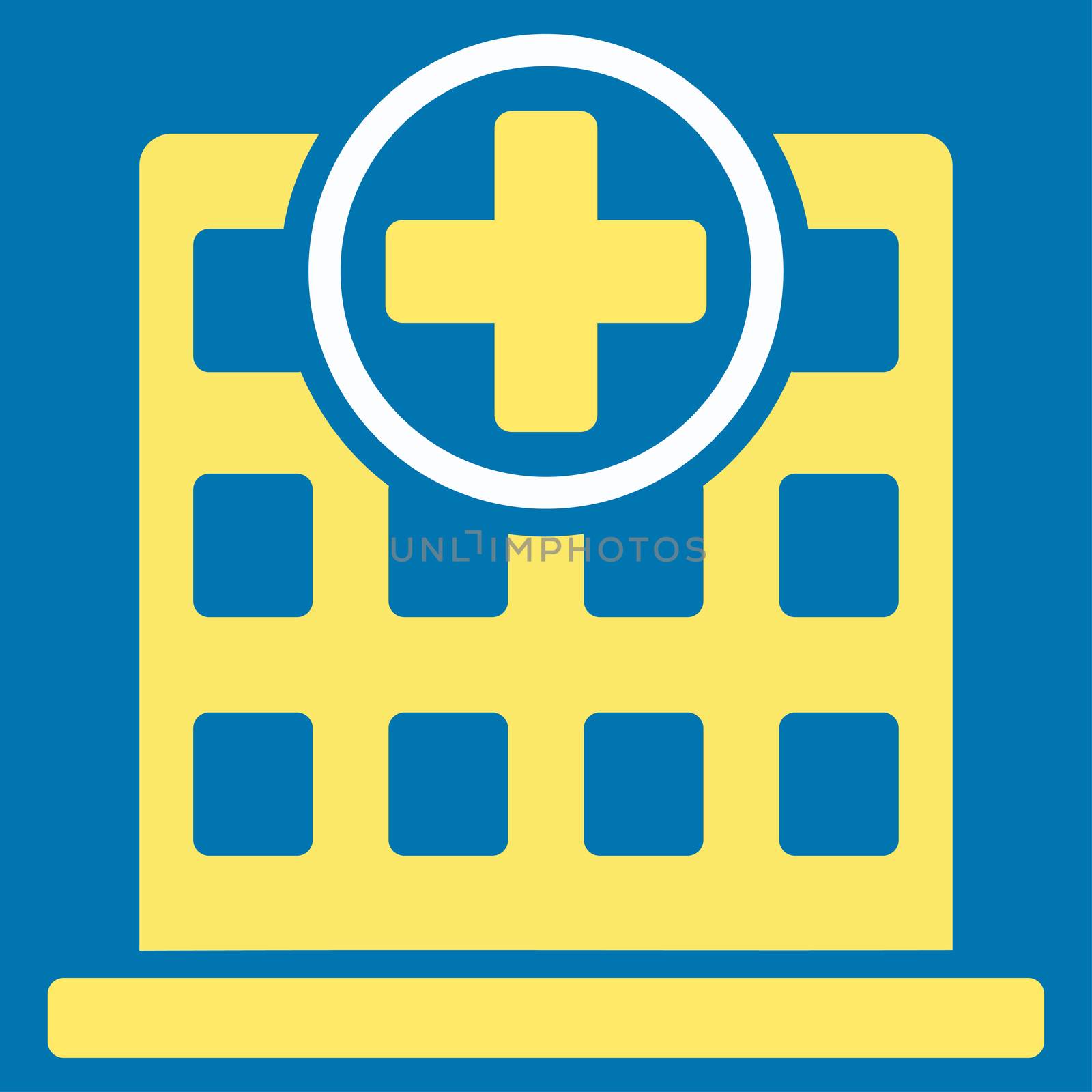 Clinic Building raster icon. Style is bicolor flat symbol, yellow and white colors, rounded angles, blue background.