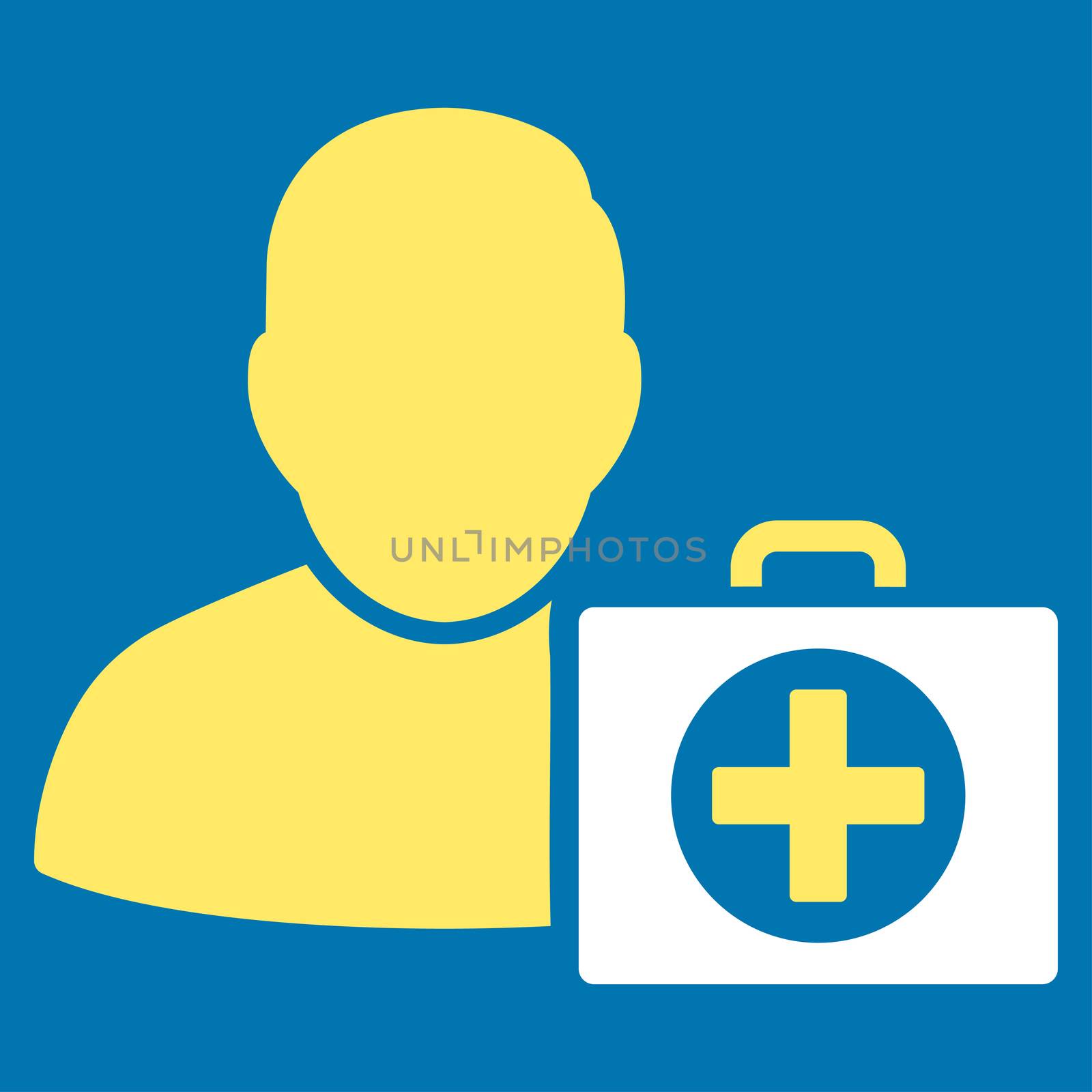 First Aid Man raster icon. Style is bicolor flat symbol, yellow and white colors, rounded angles, blue background.