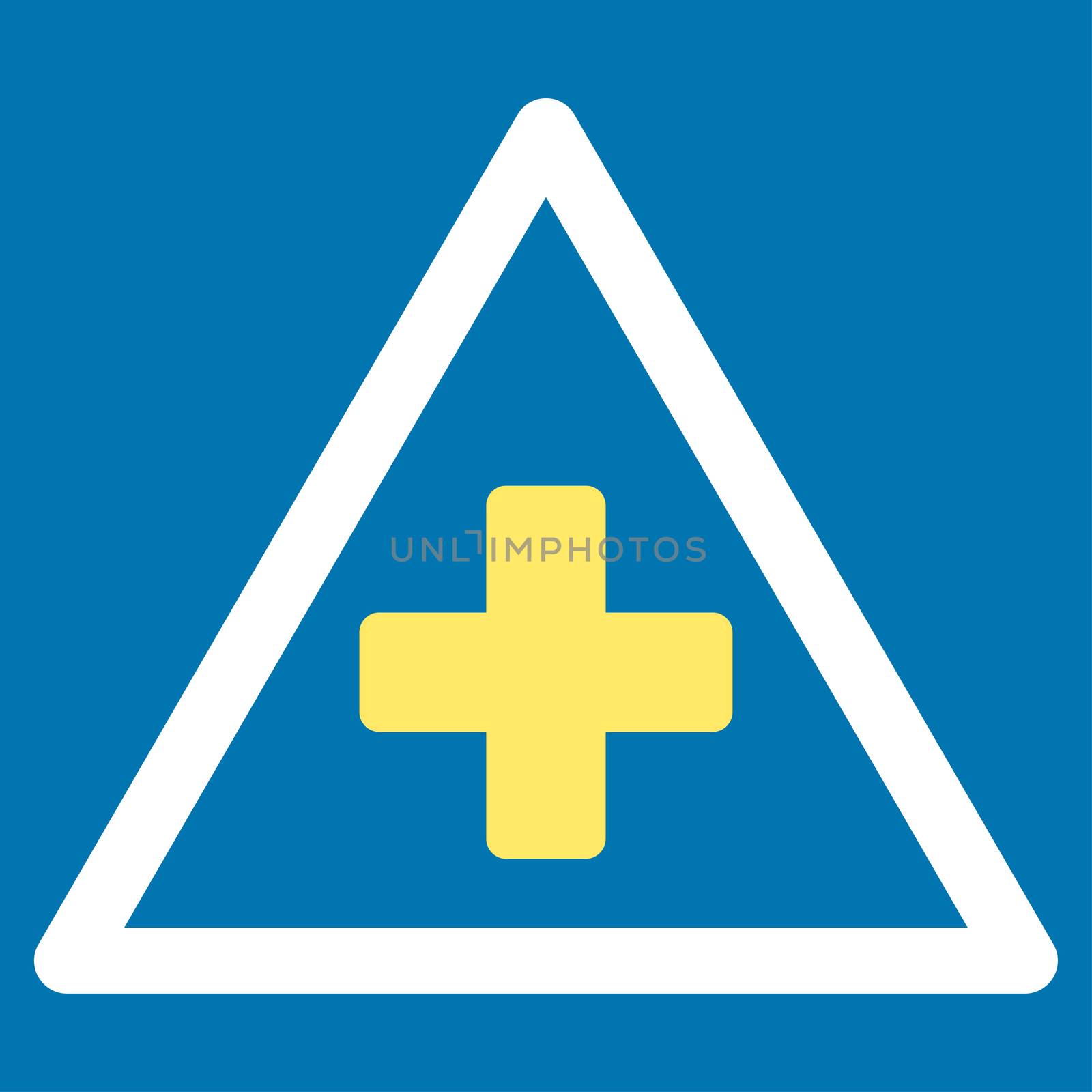 Health Warning raster icon. Style is bicolor flat symbol, yellow and white colors, rounded angles, blue background.