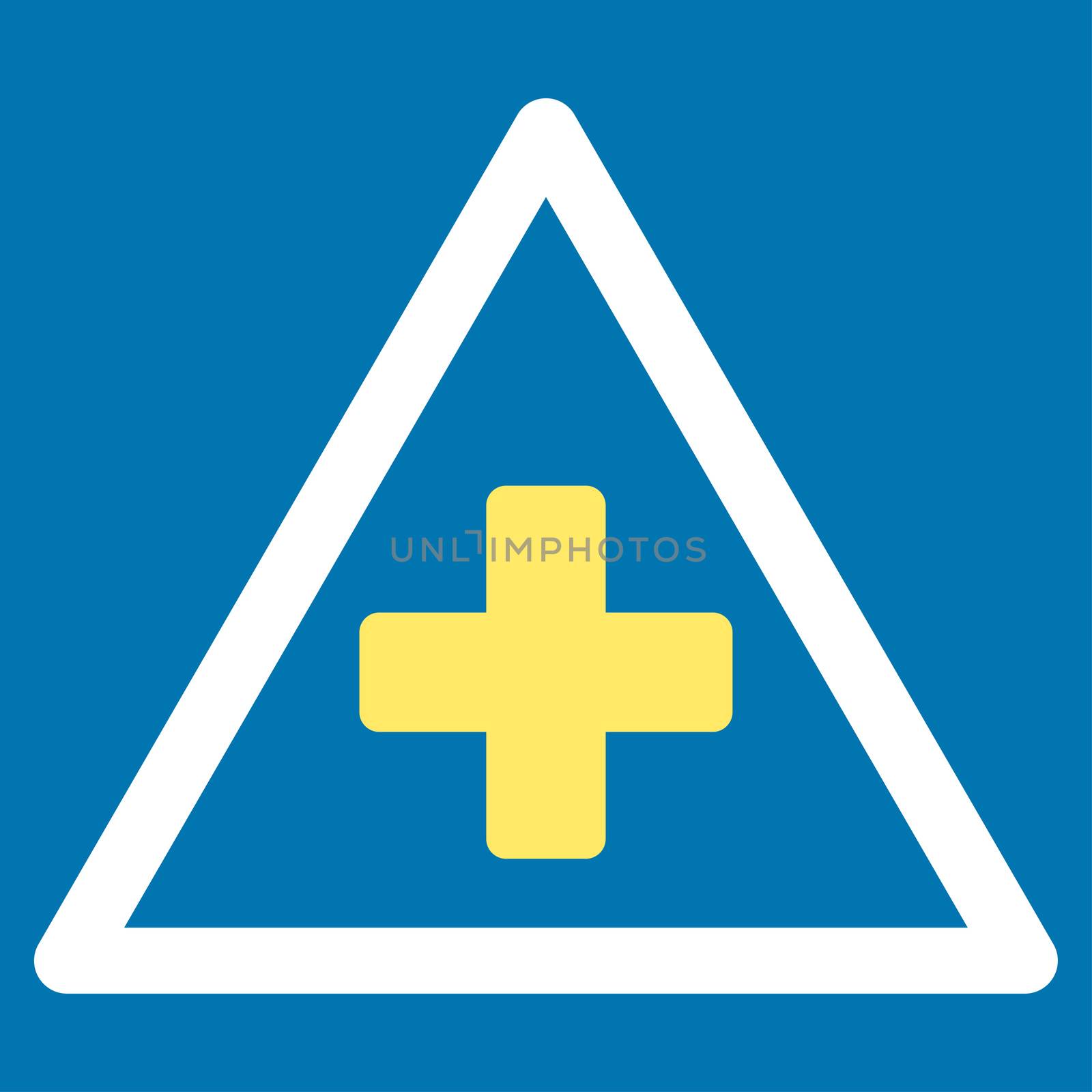 Health Warning raster icon. Style is bicolor flat symbol, yellow and white colors, rounded angles, blue background.