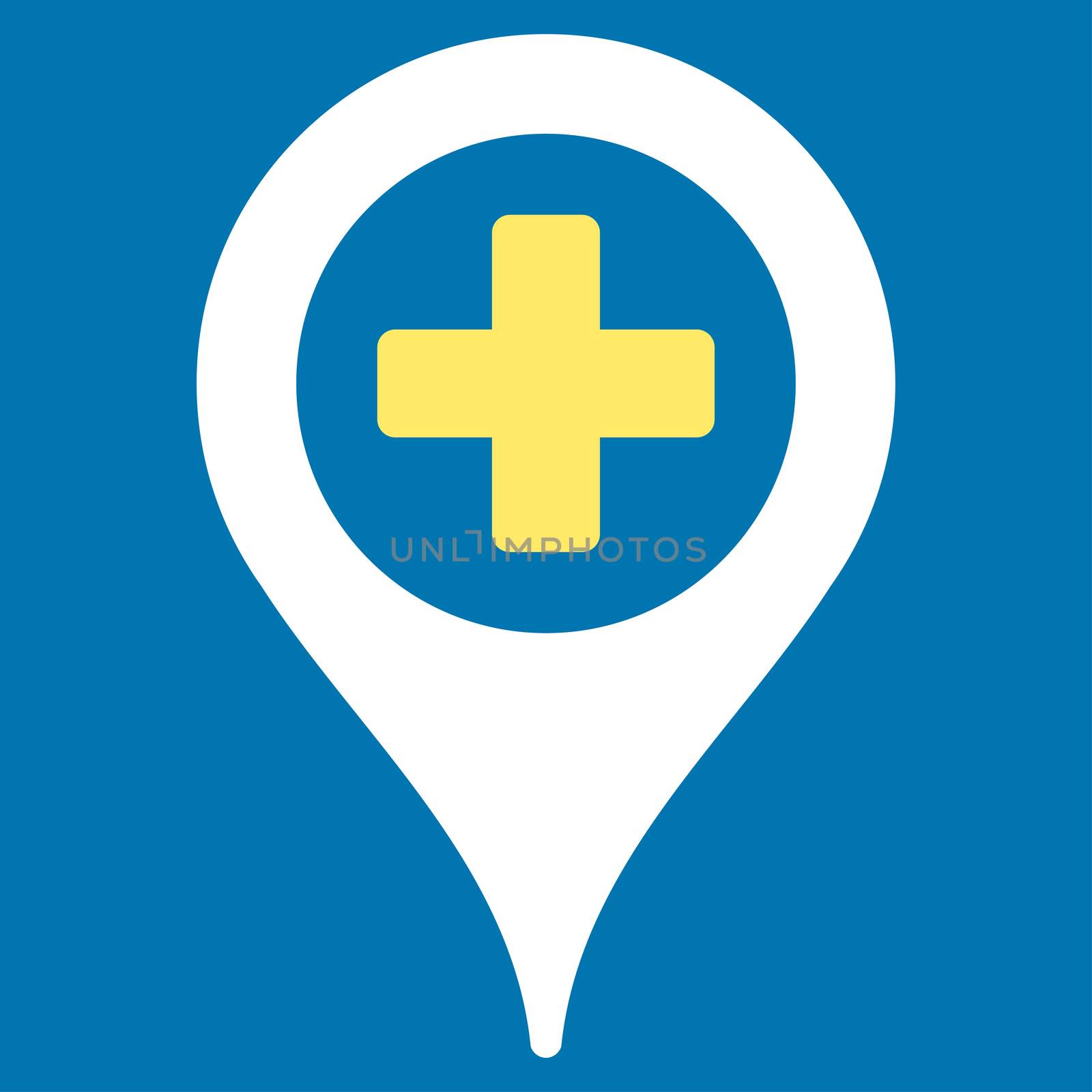 Hospital Map Pointer raster icon. Style is bicolor flat symbol, yellow and white colors, rounded angles, blue background.