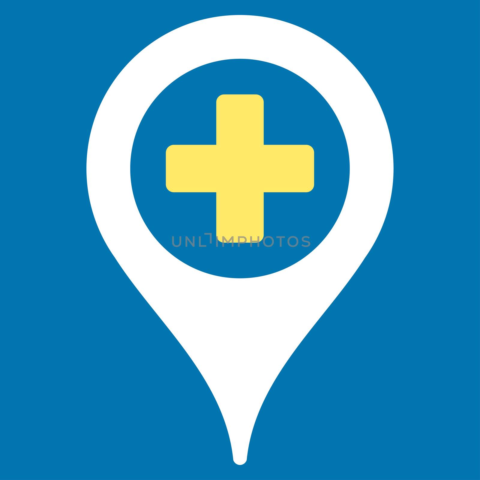 Hospital Map Pointer raster icon. Style is bicolor flat symbol, yellow and white colors, rounded angles, blue background.