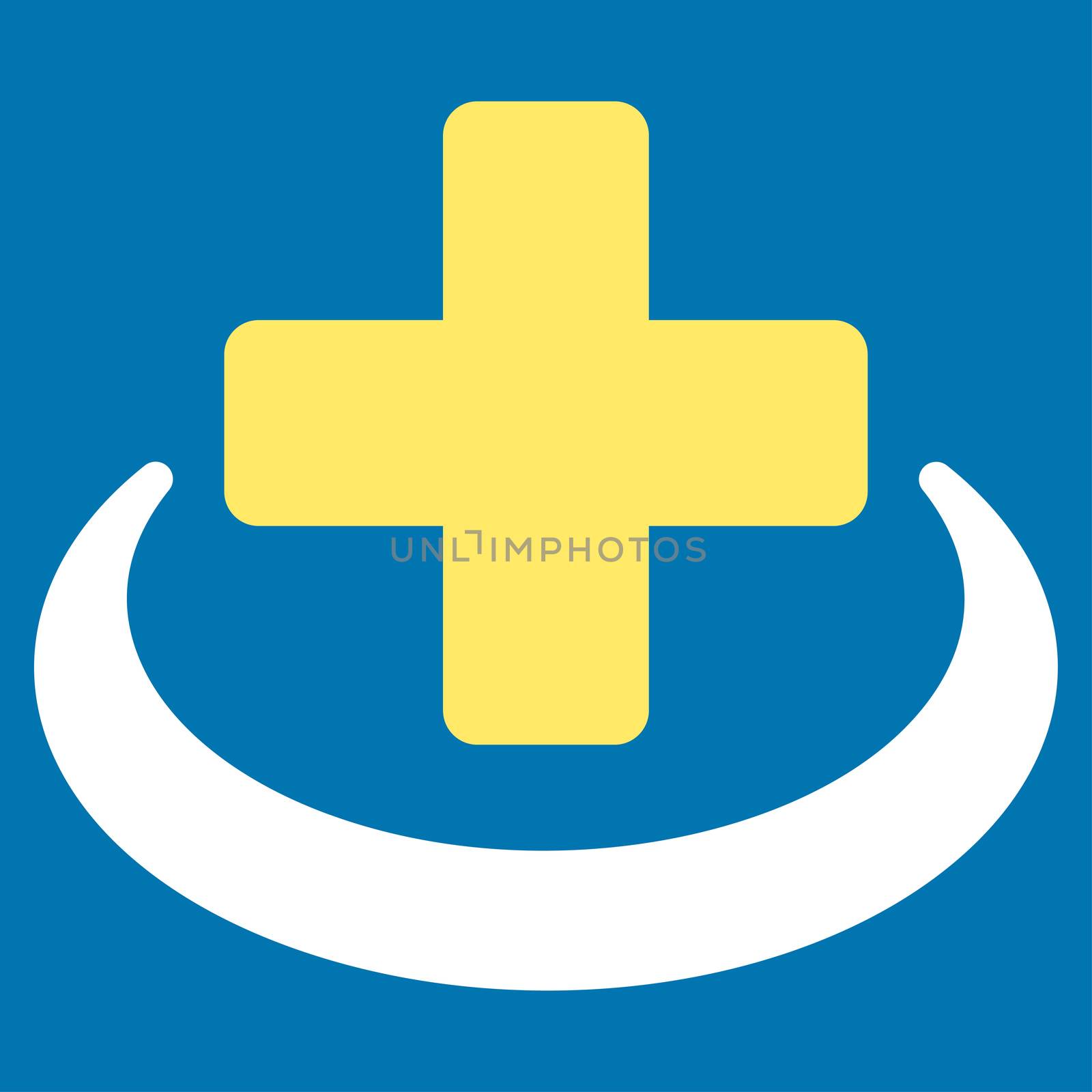Medical Community raster icon. Style is bicolor flat symbol, yellow and white colors, rounded angles, blue background.