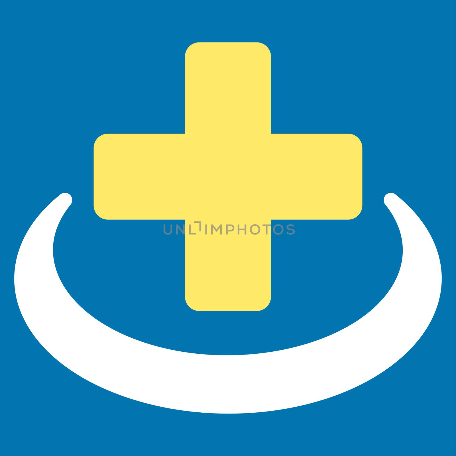 Medical Community raster icon. Style is bicolor flat symbol, yellow and white colors, rounded angles, blue background.