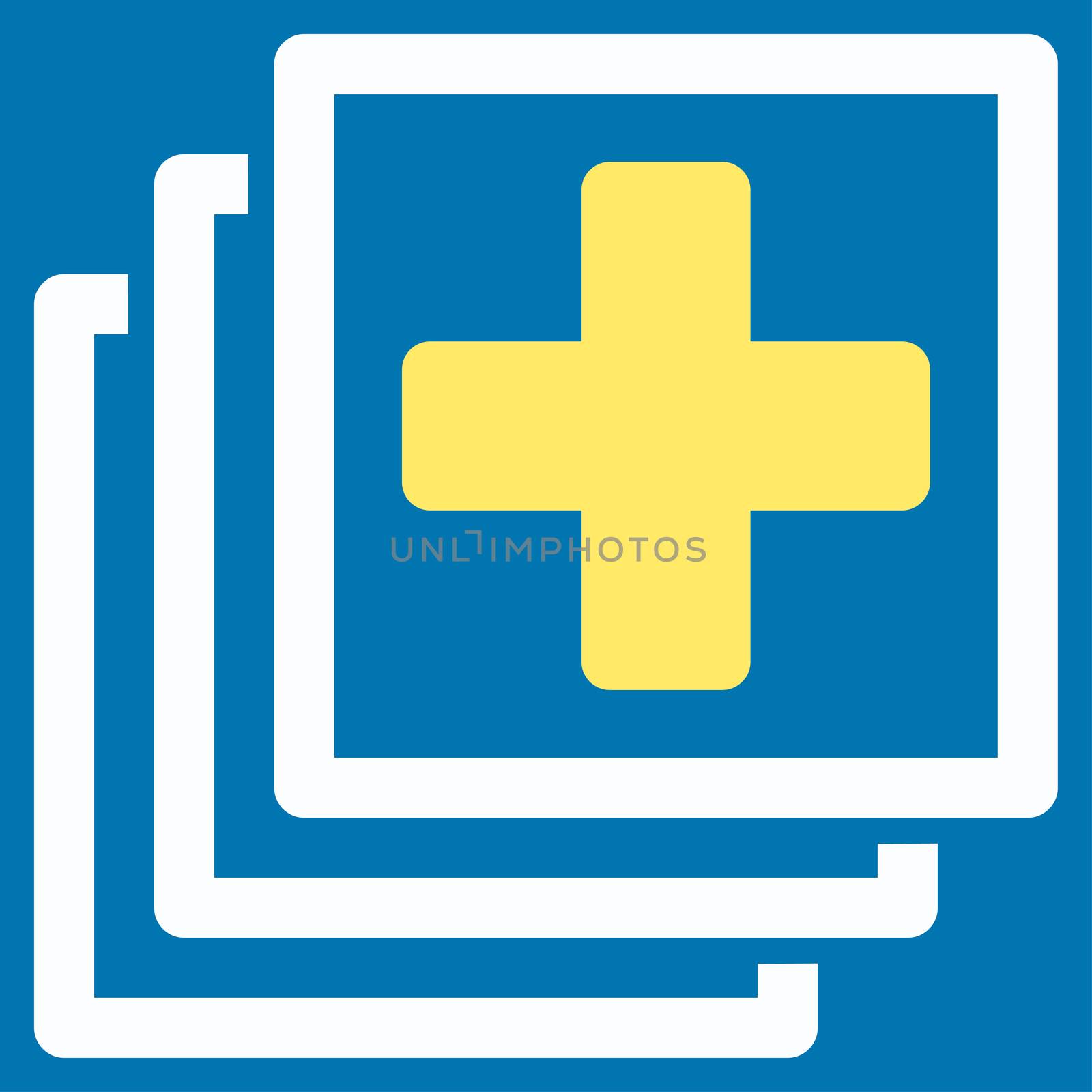 Medical Docs raster icon. Style is bicolor flat symbol, yellow and white colors, rounded angles, blue background.