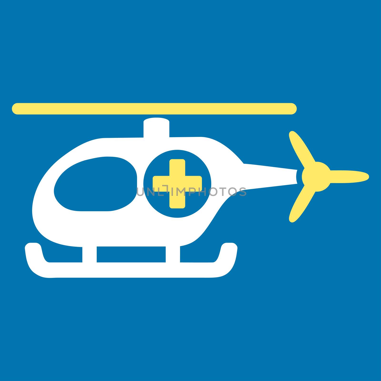 Medical Helicopter raster icon. Style is bicolor flat symbol, yellow and white colors, rounded angles, blue background.