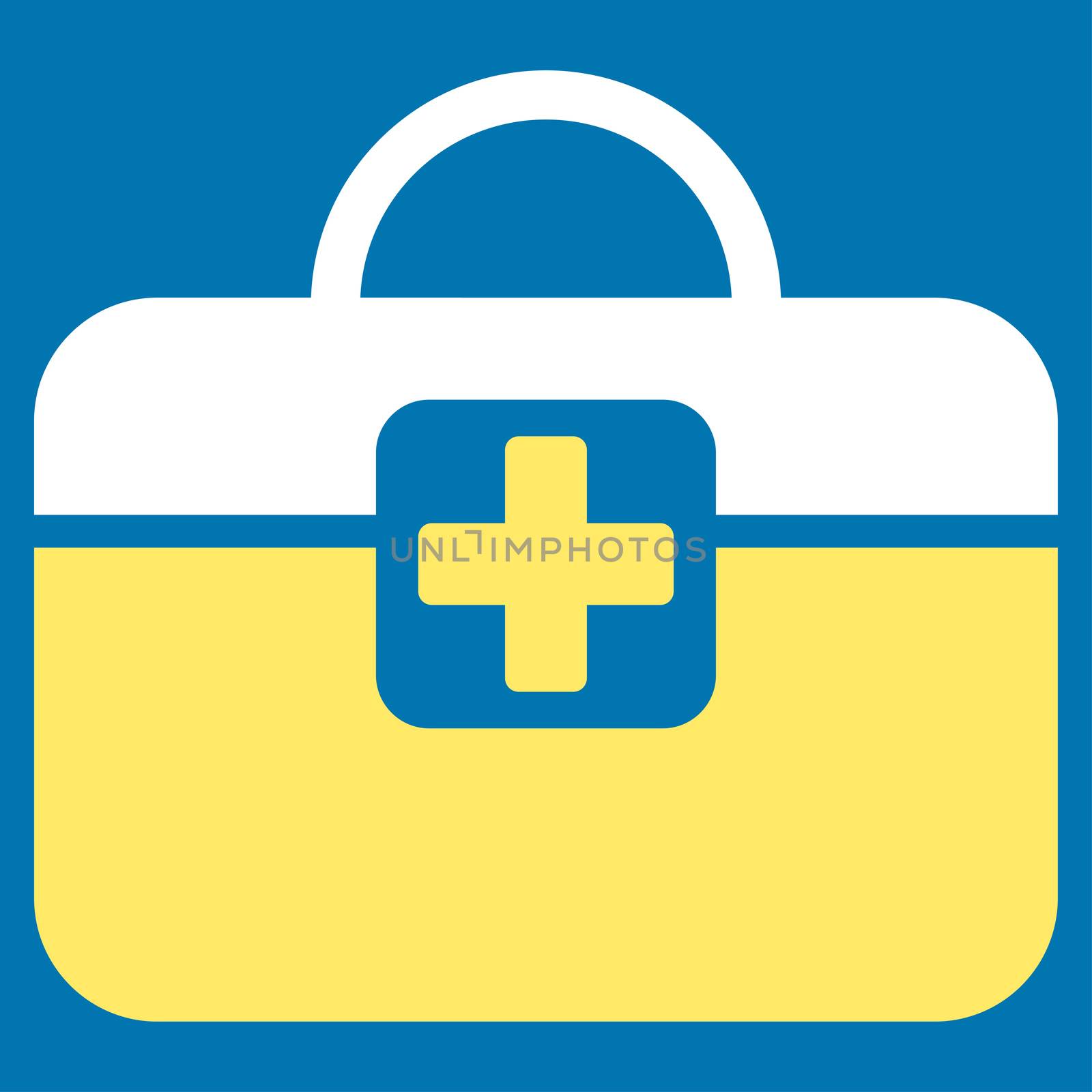 Medical Kit raster icon. Style is bicolor flat symbol, yellow and white colors, rounded angles, blue background.