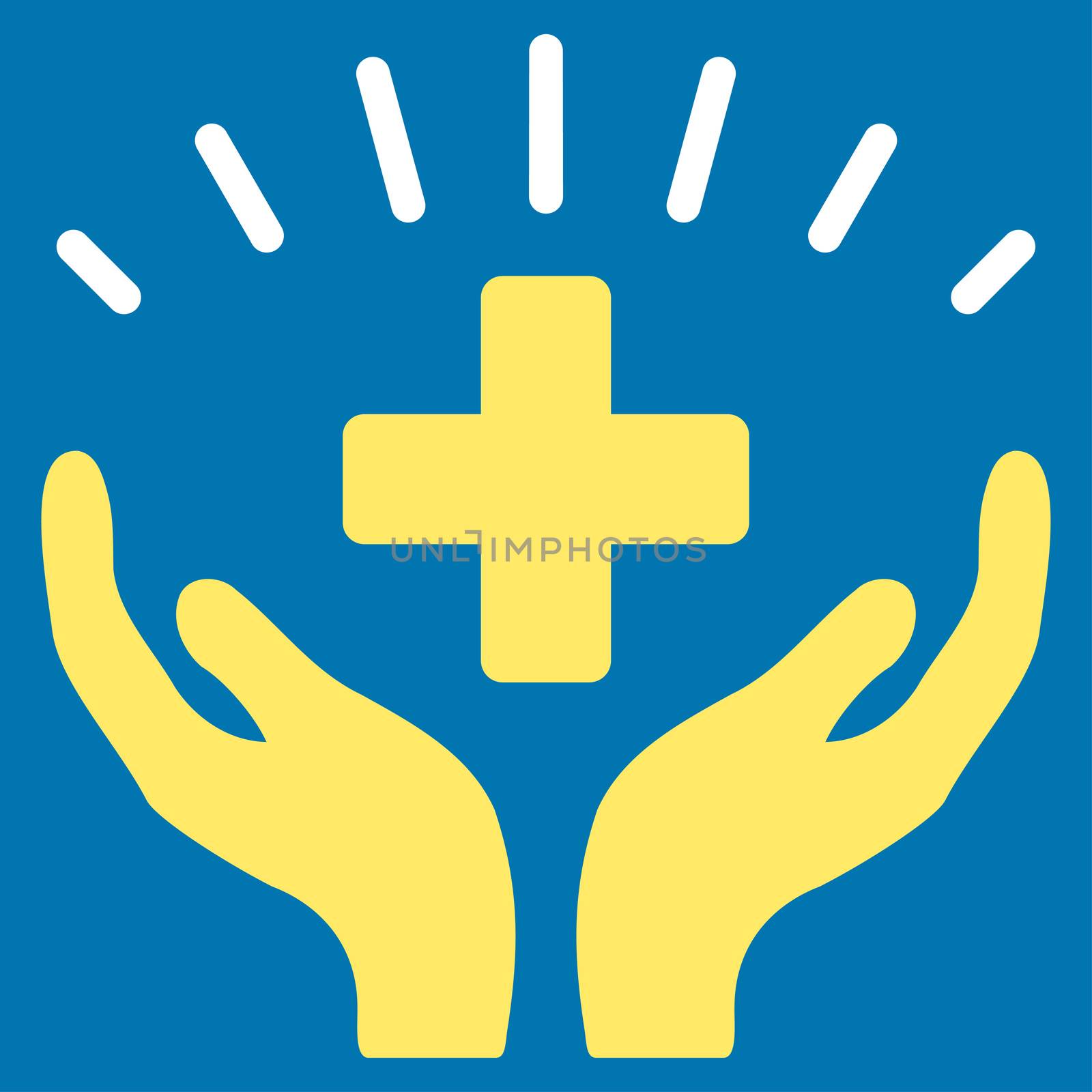 Medical Prosperity raster icon. Style is bicolor flat symbol, yellow and white colors, rounded angles, blue background.