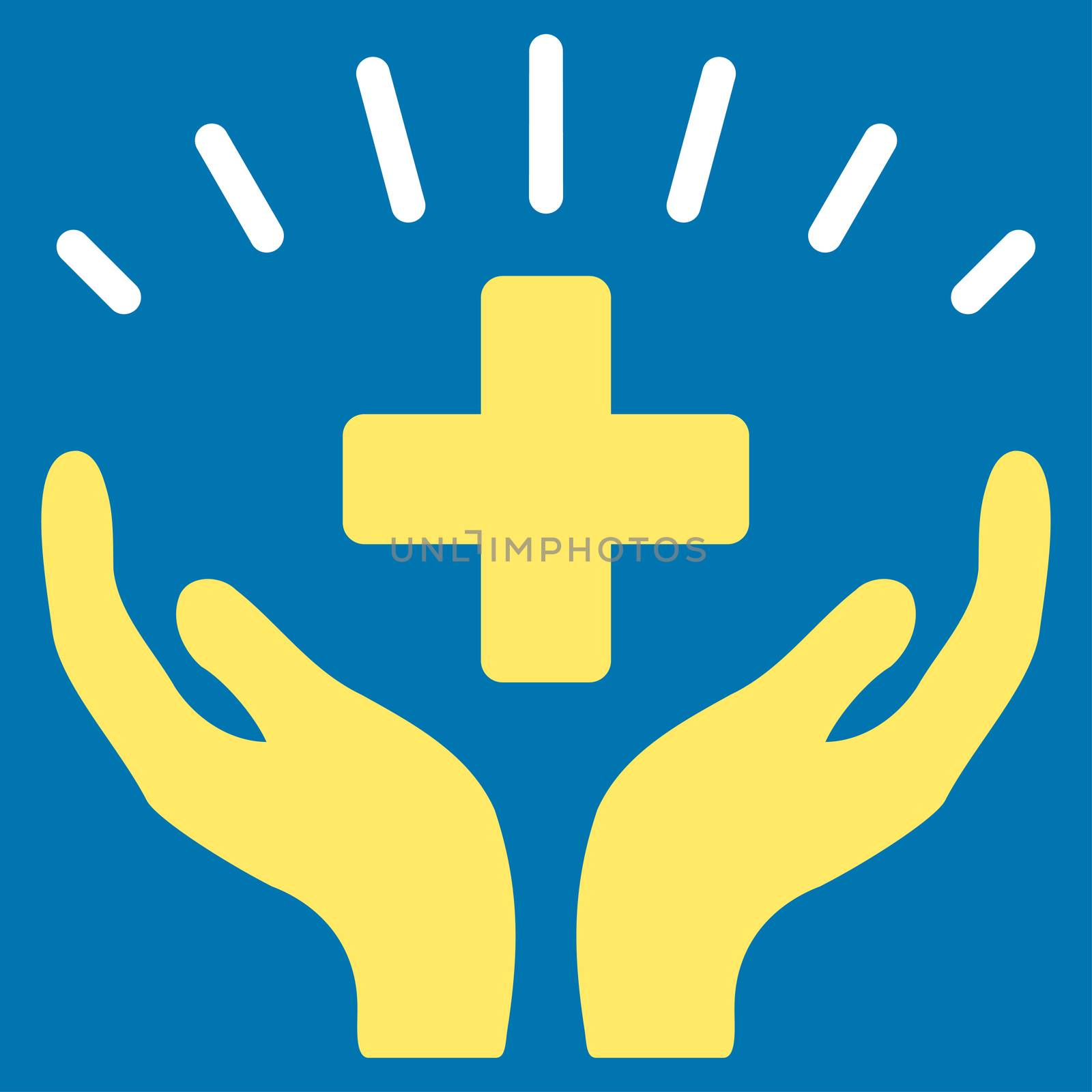 Medical Prosperity raster icon. Style is bicolor flat symbol, yellow and white colors, rounded angles, blue background.