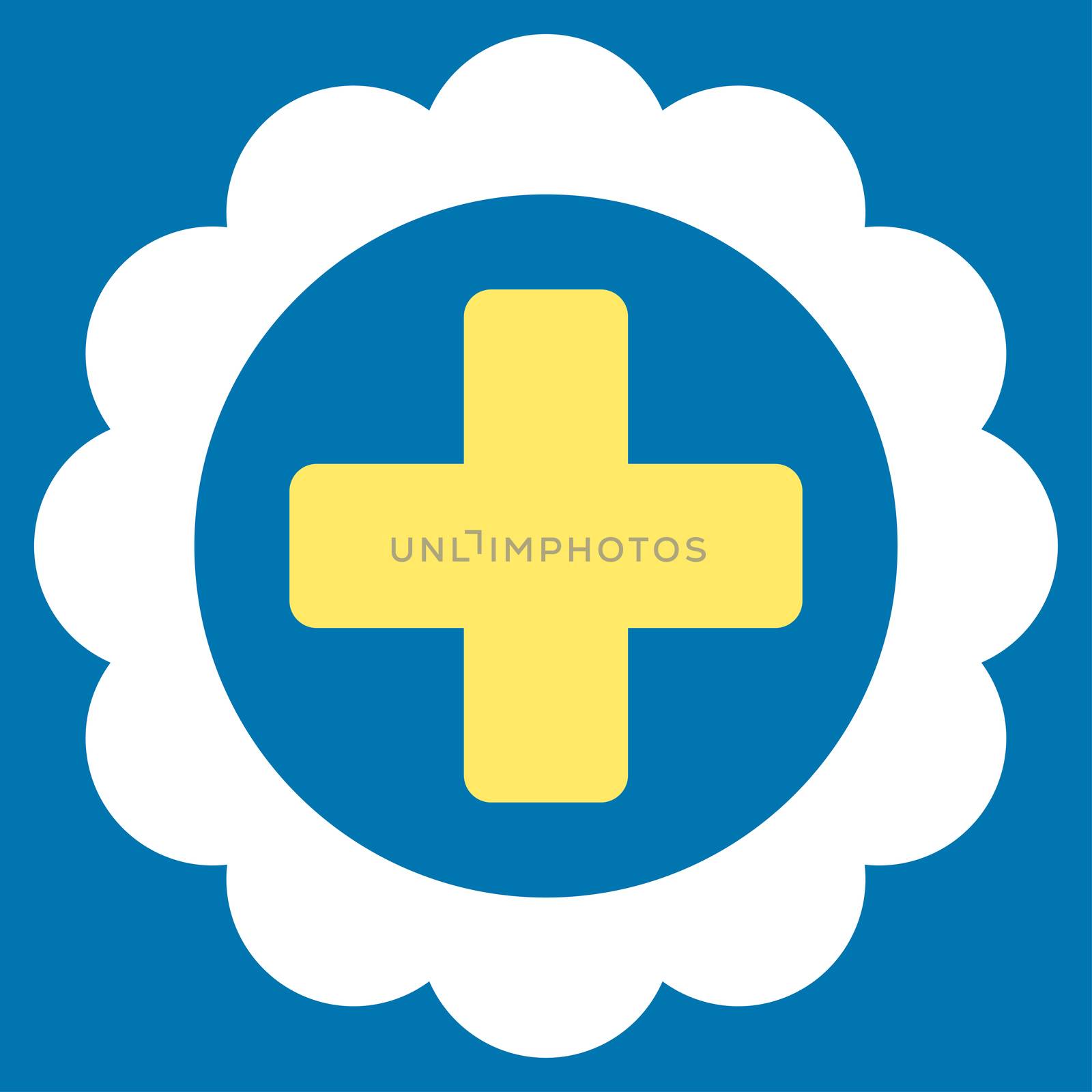 Medical Sticker raster icon. Style is bicolor flat symbol, yellow and white colors, rounded angles, blue background.