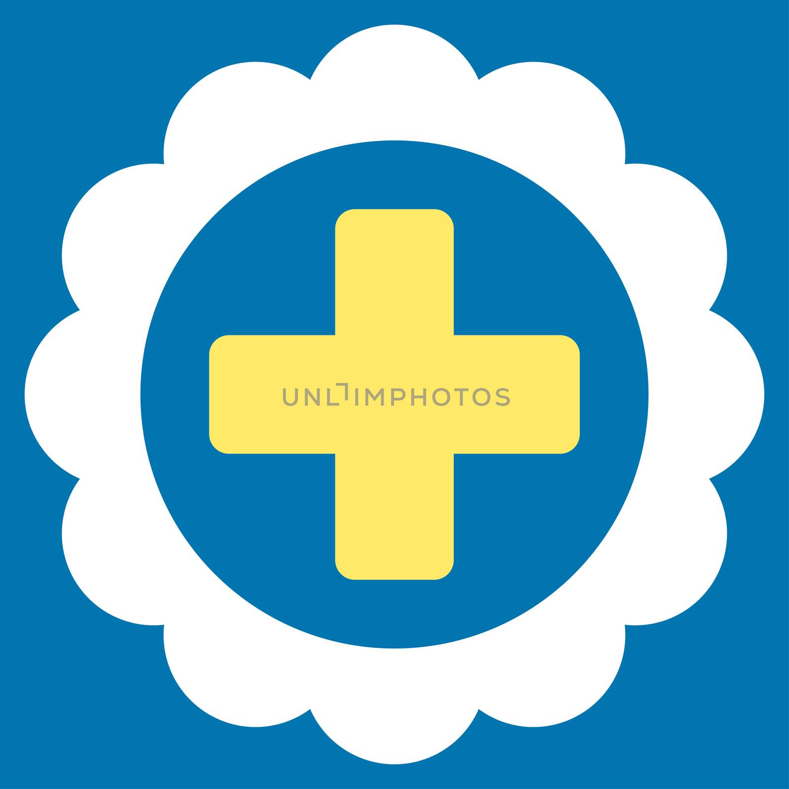 Medical Sticker raster icon. Style is bicolor flat symbol, yellow and white colors, rounded angles, blue background.