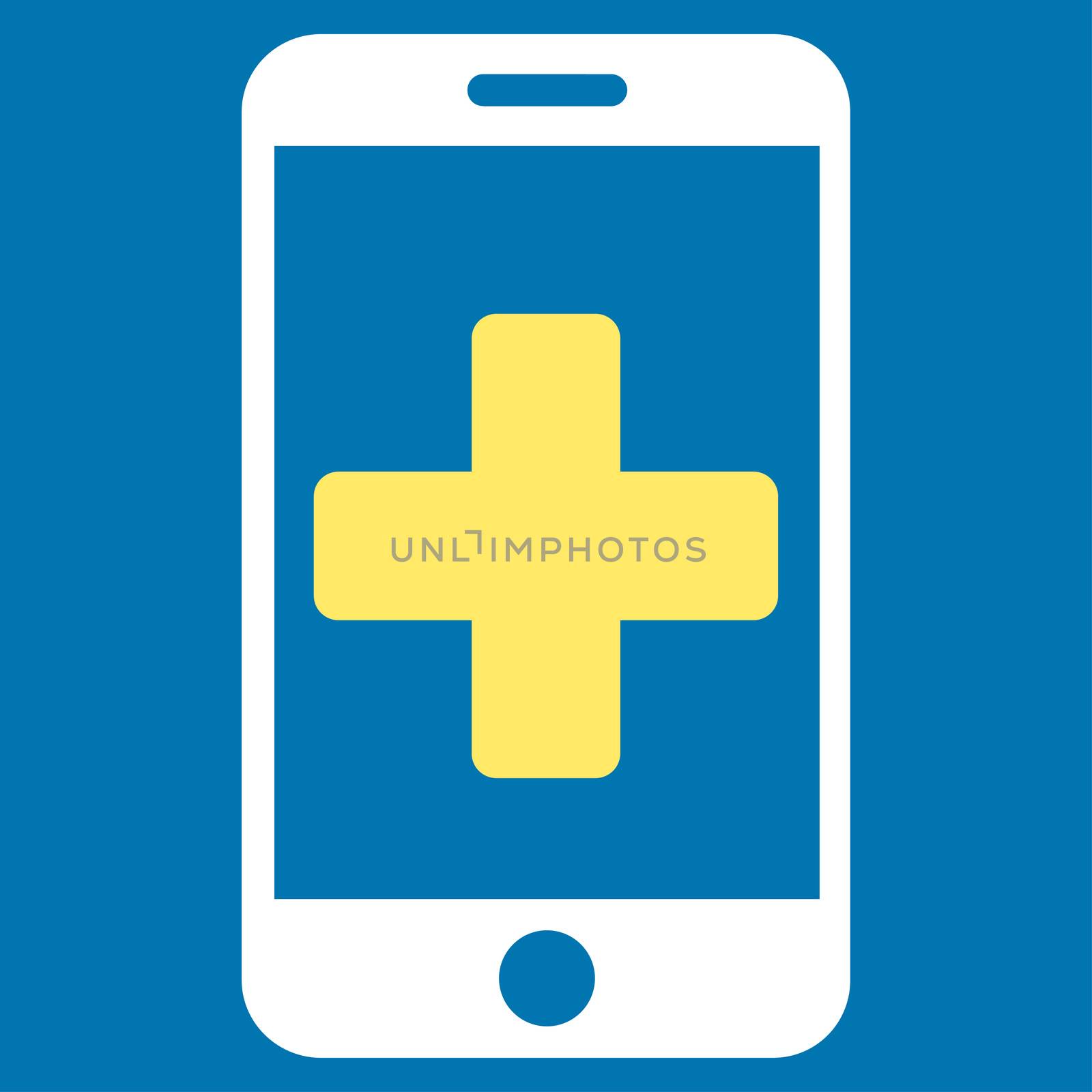 Online Help raster icon. Style is bicolor flat symbol, yellow and white colors, rounded angles, blue background.